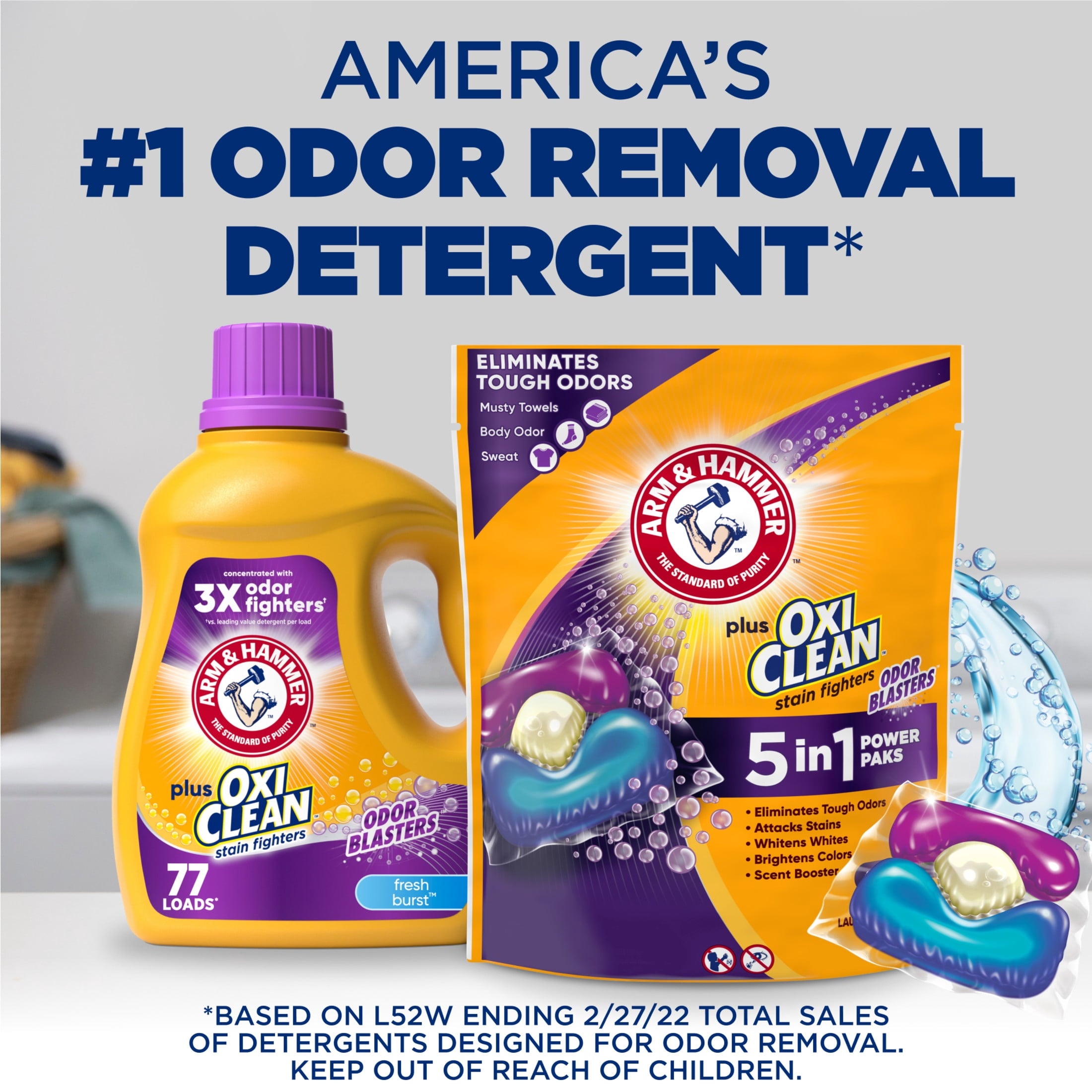 ARM & HAMMER Plus OxiClean With Odor Blasters Laundry Detergent - 5-IN-1 Power Paks, 72 Count