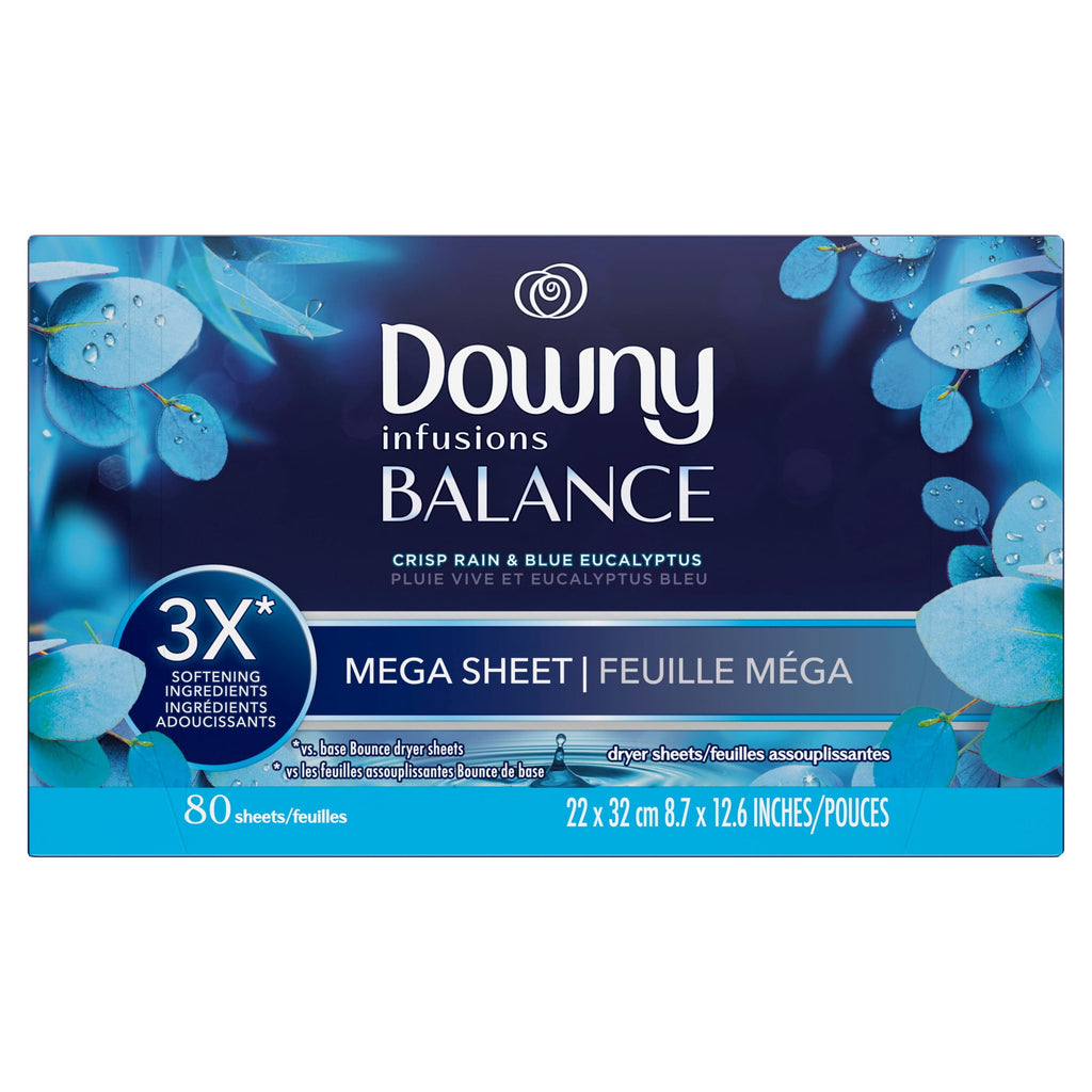 Downy Fabric Softener Dryer Sheets - Infusions Balance Crisp Rain and Blue Eucalyptus Scent, 80 Mega Dryer Sheets