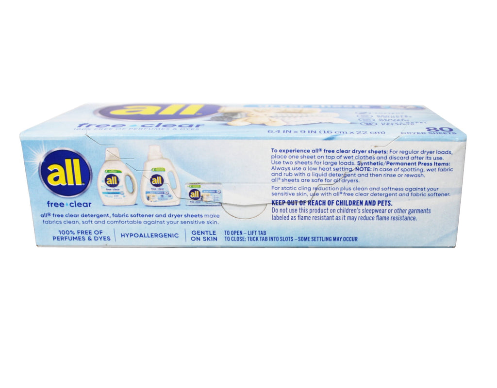 All Dryer Sheets for Sensitive Skin Free Clear - 80 Count (Pack of 4)