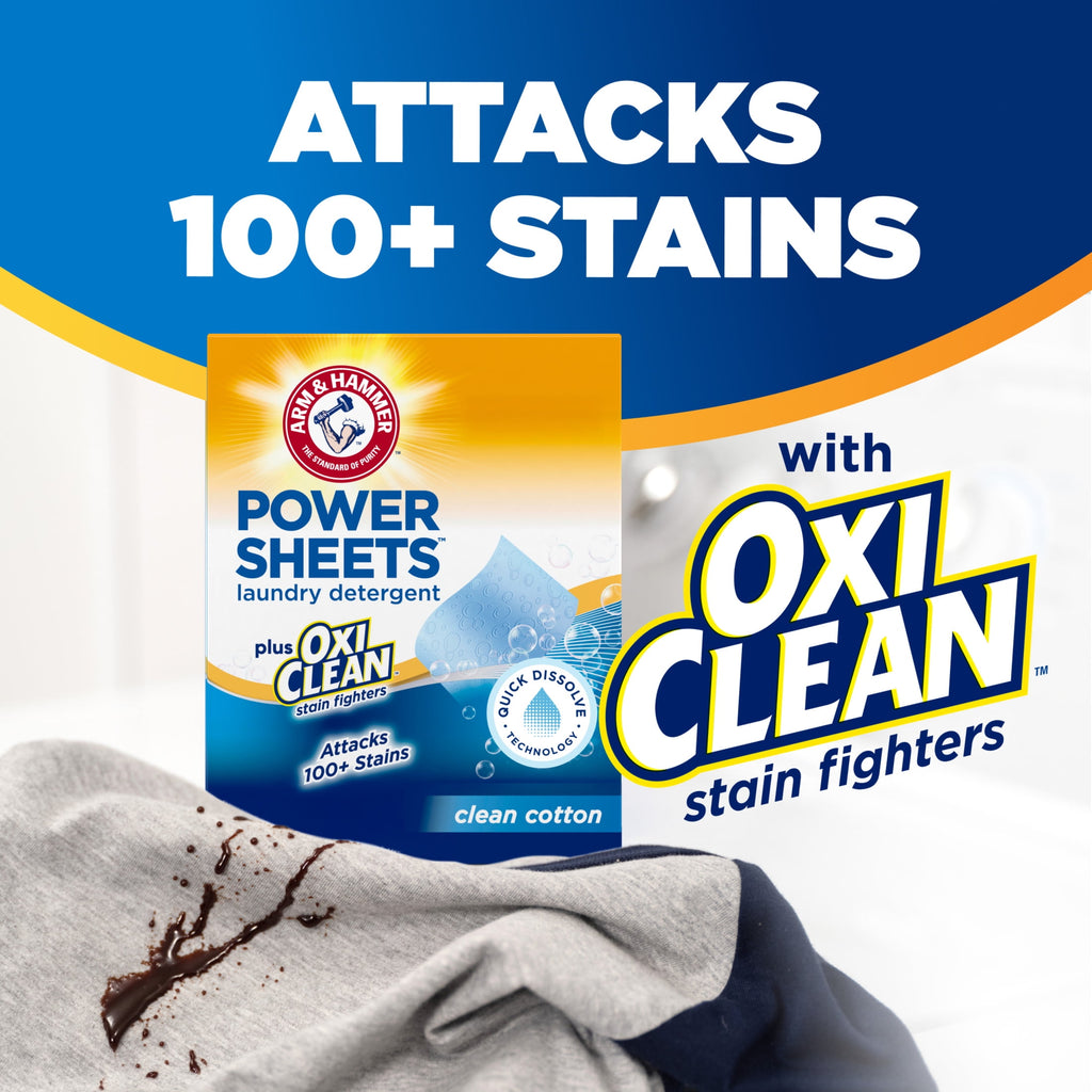 ARM & HAMMER Power Sheets Plus OxiClean Stain Fighters Laundry Detergent - Clean Cotton, 104 Count