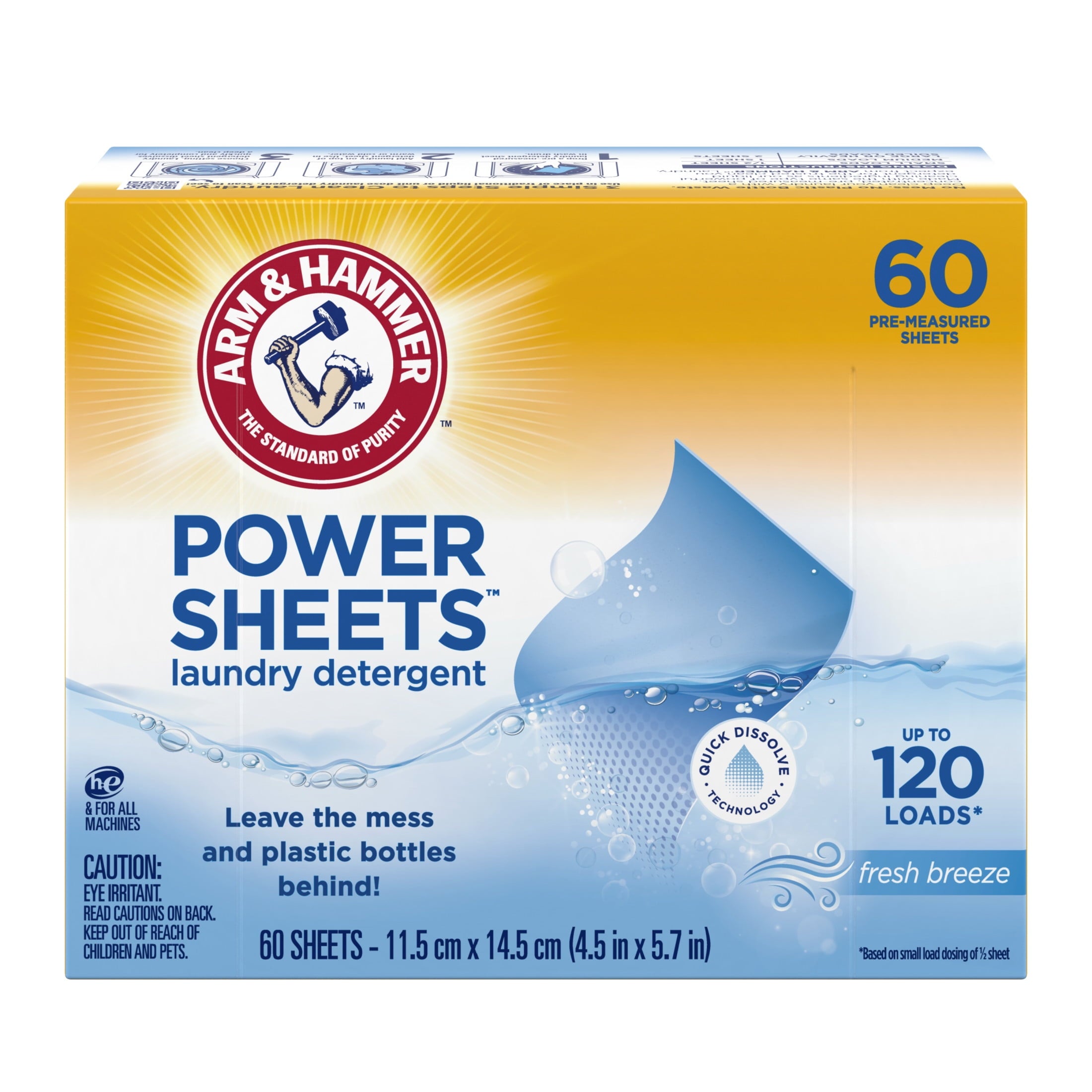 ARM & HAMMER Power Sheets Laundry Detergent - Fresh Breeze 60 Count, up to 120 small loads - 3-Pack