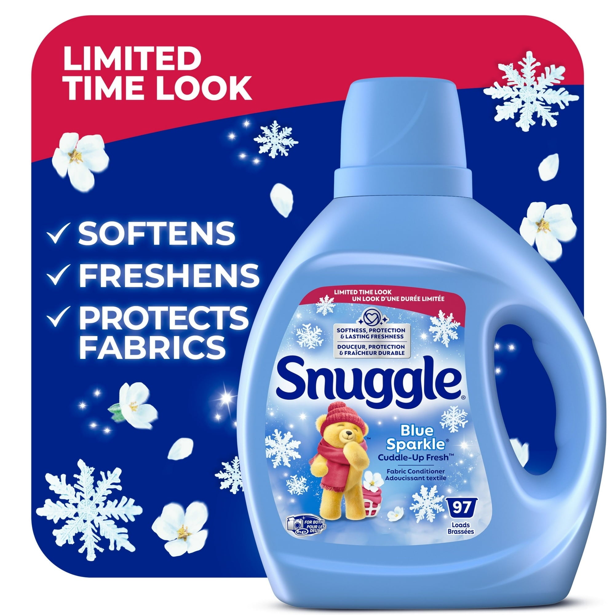 Snuggle Blue Sparkle Liquid Fabric Softener 66 oz - 97 Loads with Microfiber Solid Color Towel by BundleEase