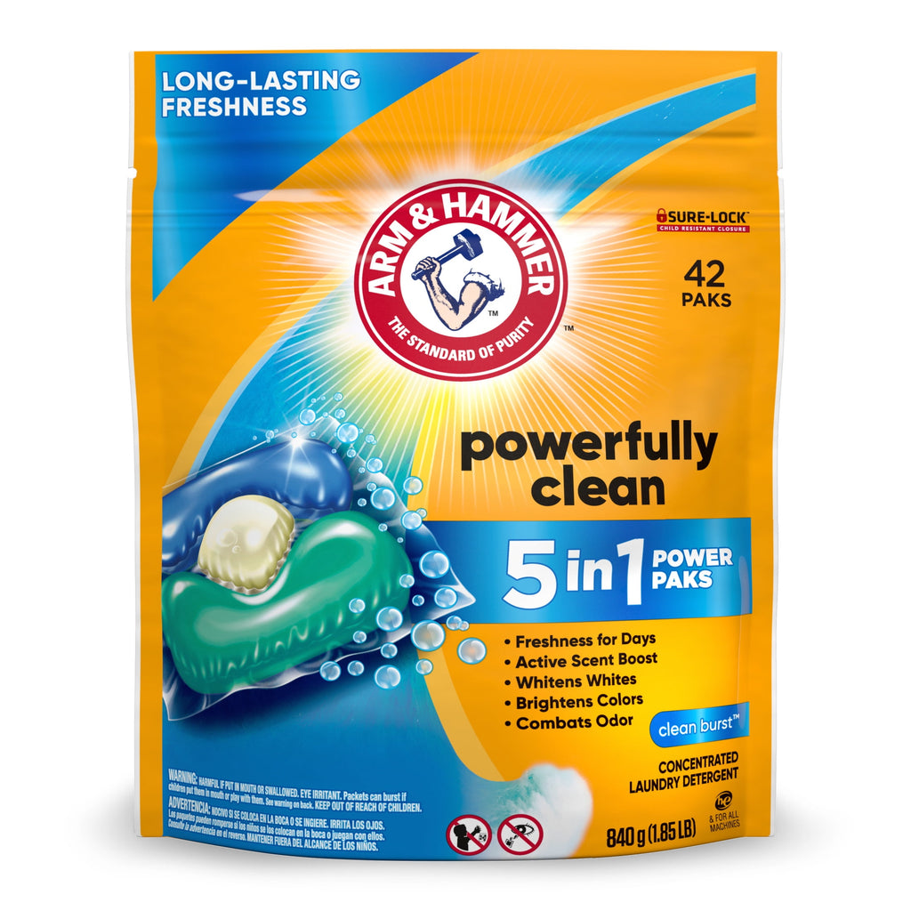ARM & HAMMER Clean Burst 5-in-1 Laundry Detergent Power Paks - Powerfully Clean, Clean Burst Scent, 42 Count