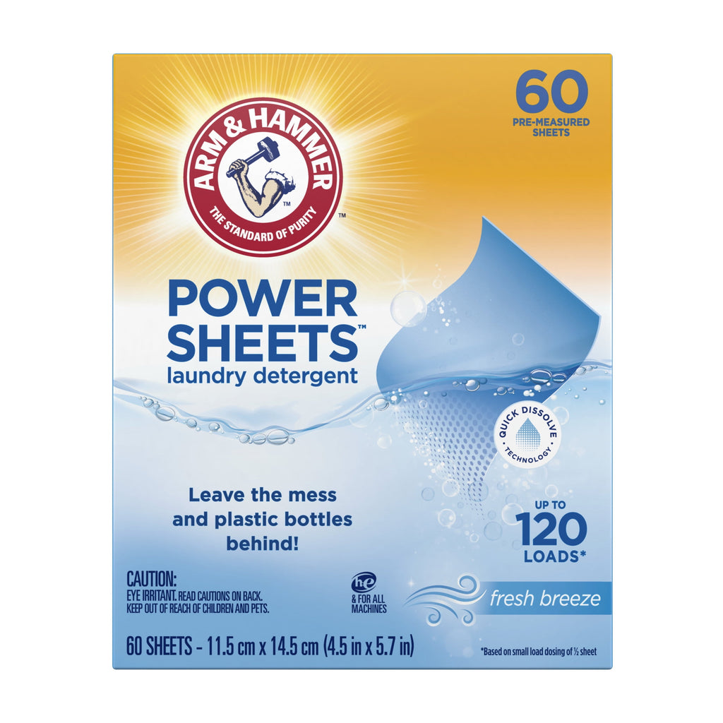 ARM & HAMMER Power Sheets Laundry Detergent - Fresh Breeze 60 Count, up to 120 small loads - 3-Pack