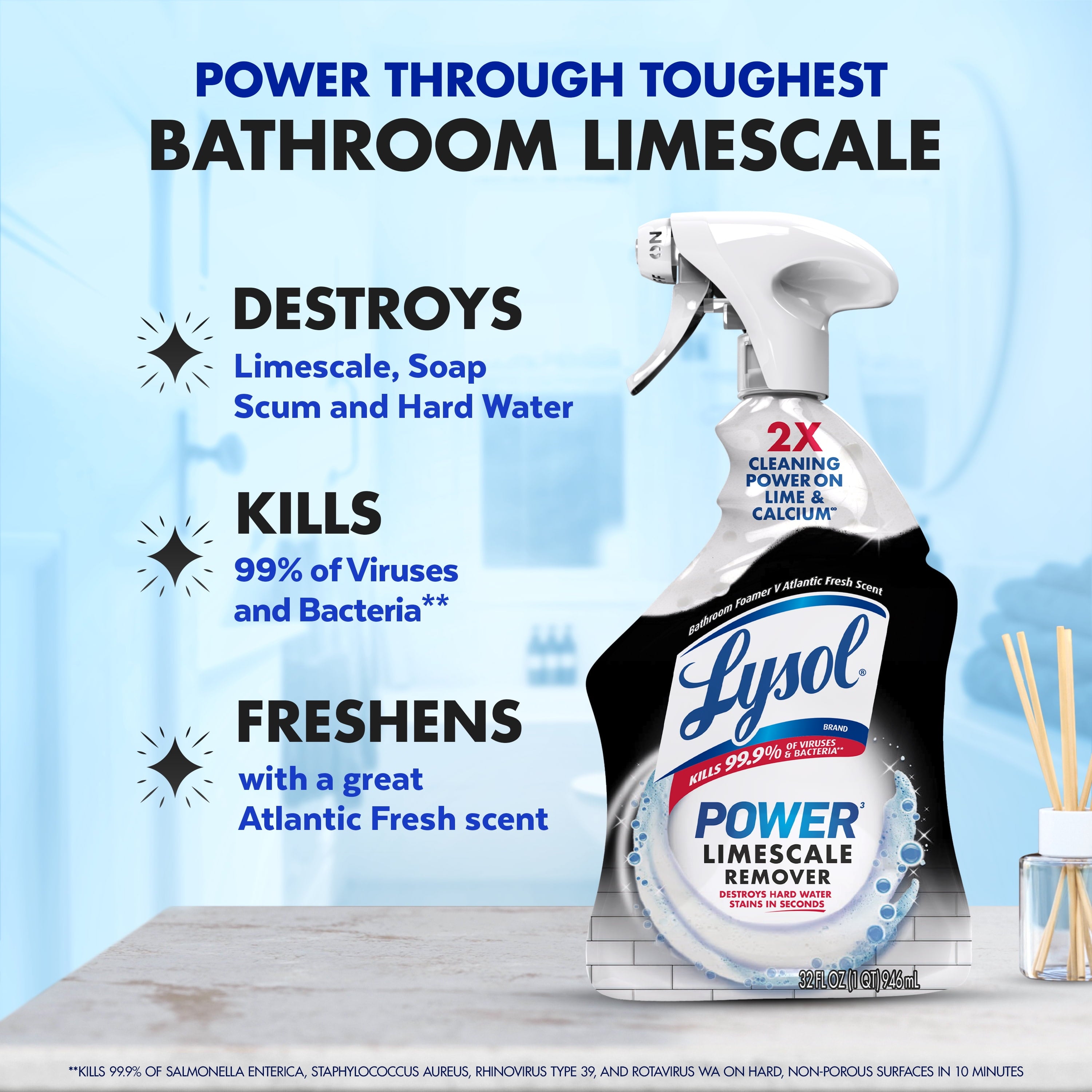 Lysol Power Limescale Remover Bathroom Cleaner Spray - Hard Water Stain Remover, Disinfecting Multipurpose Cleaner, 0% Bleach, Atlantic Fresh Scent, 32 fl oz