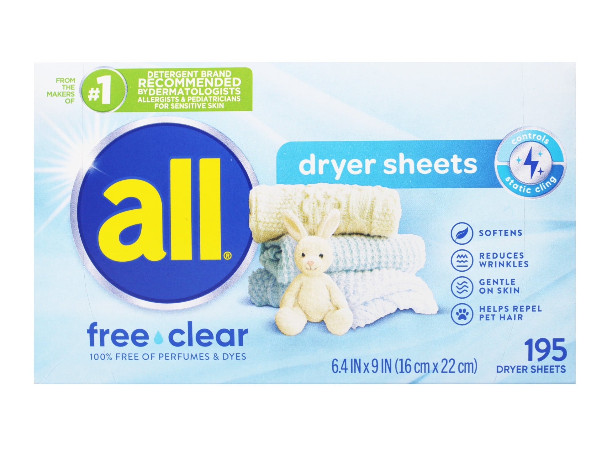 all Fabric Softener Dryer Sheets for Sensitive Skin - Free Clear, 195 Count - 6 Pack