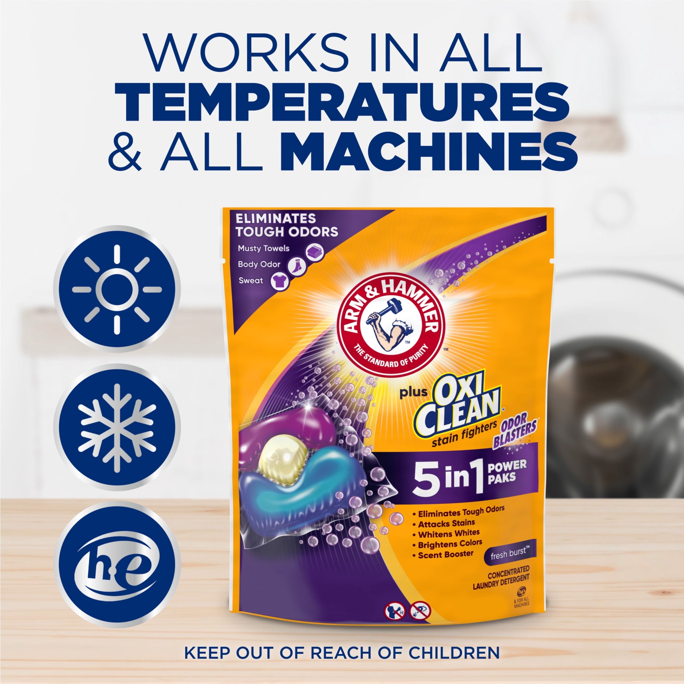 ARM & HAMMER Plus OxiClean With Odor Blasters Laundry Detergent - 5-IN-1 Power Paks, 72 Count