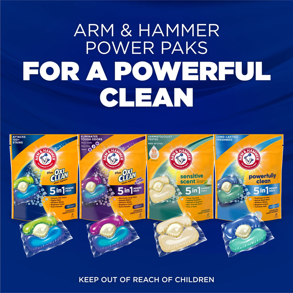 ARM & HAMMER Clean Burst 5-in-1 Laundry Detergent Power Paks - Powerfully Clean, Clean Burst Scent, 42 Count
