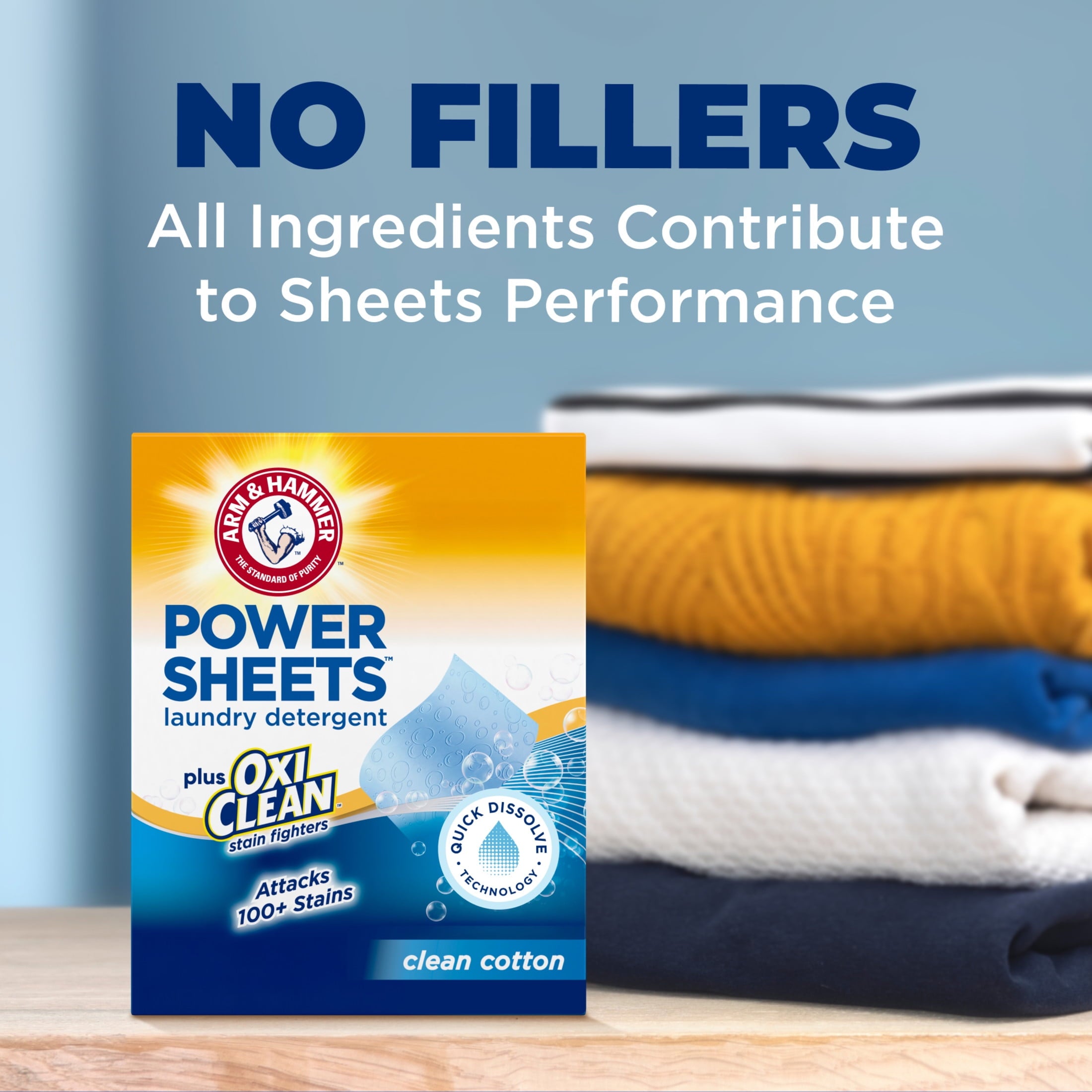 ARM & HAMMER Power Sheets Plus OxiClean Stain Fighters Laundry Detergent - Clean Cotton, 104 Count