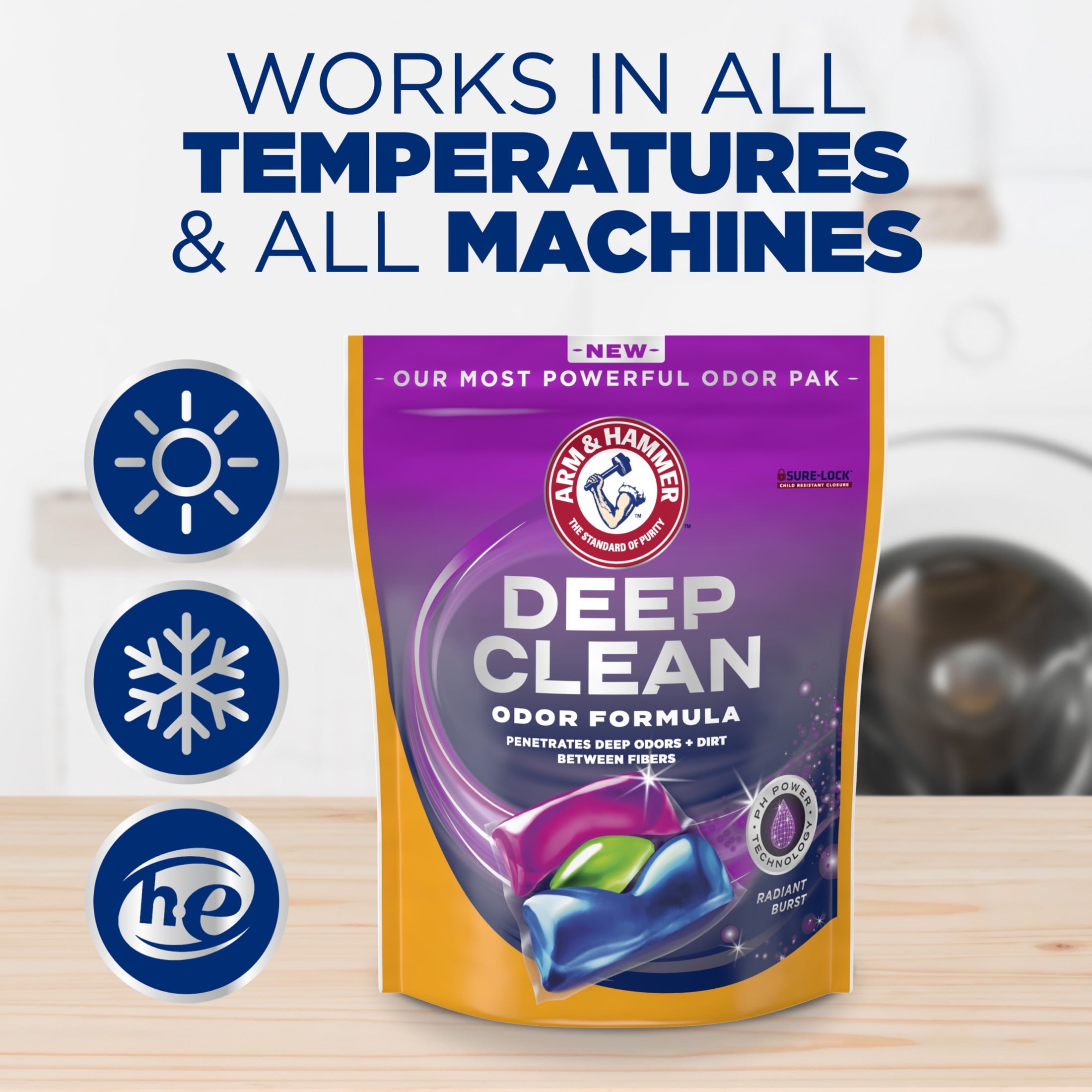 ARM & HAMMER Deep Clean Odor Formula Detergent Power Paks - Radiant Burst, 32 Count - 4-Pack
