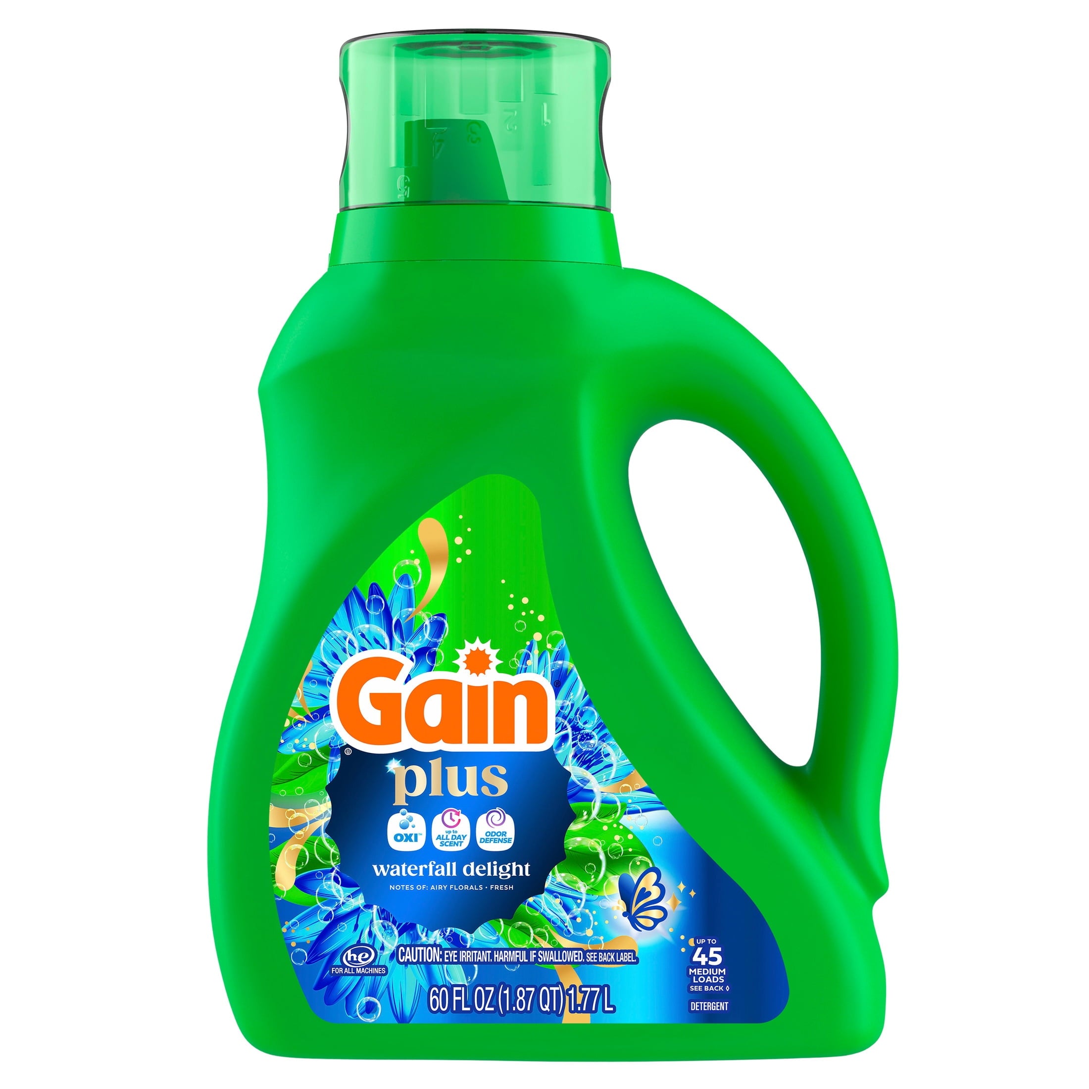 Gain Plus Laundry Detergent Liquid - Now with Odor Defense + OXI, Waterfall Delight Scent, 60 fl oz, 45 Loads