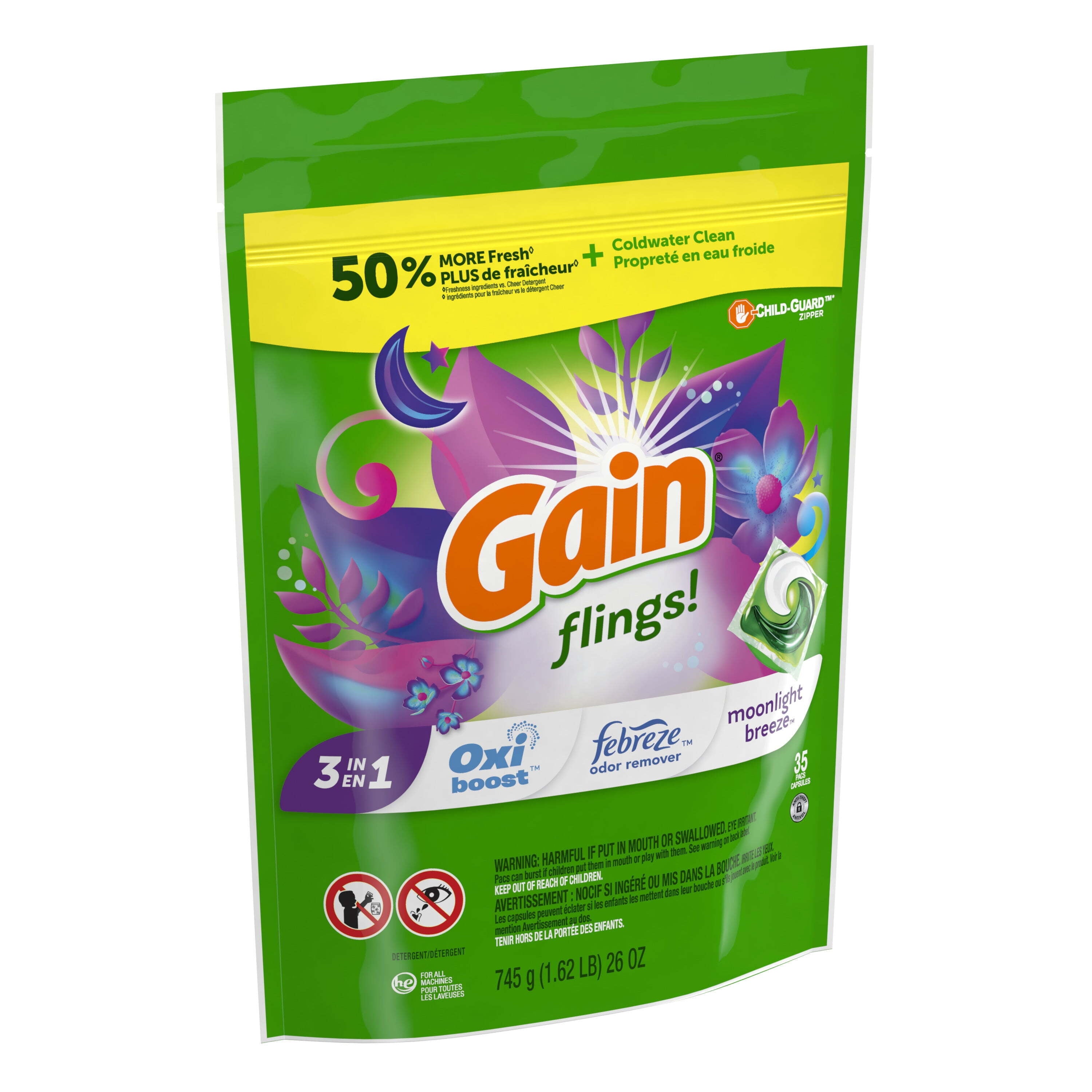 Gain Flings Laundry Detergent Soap Pacs - 35 Count, Moonlight Breeze