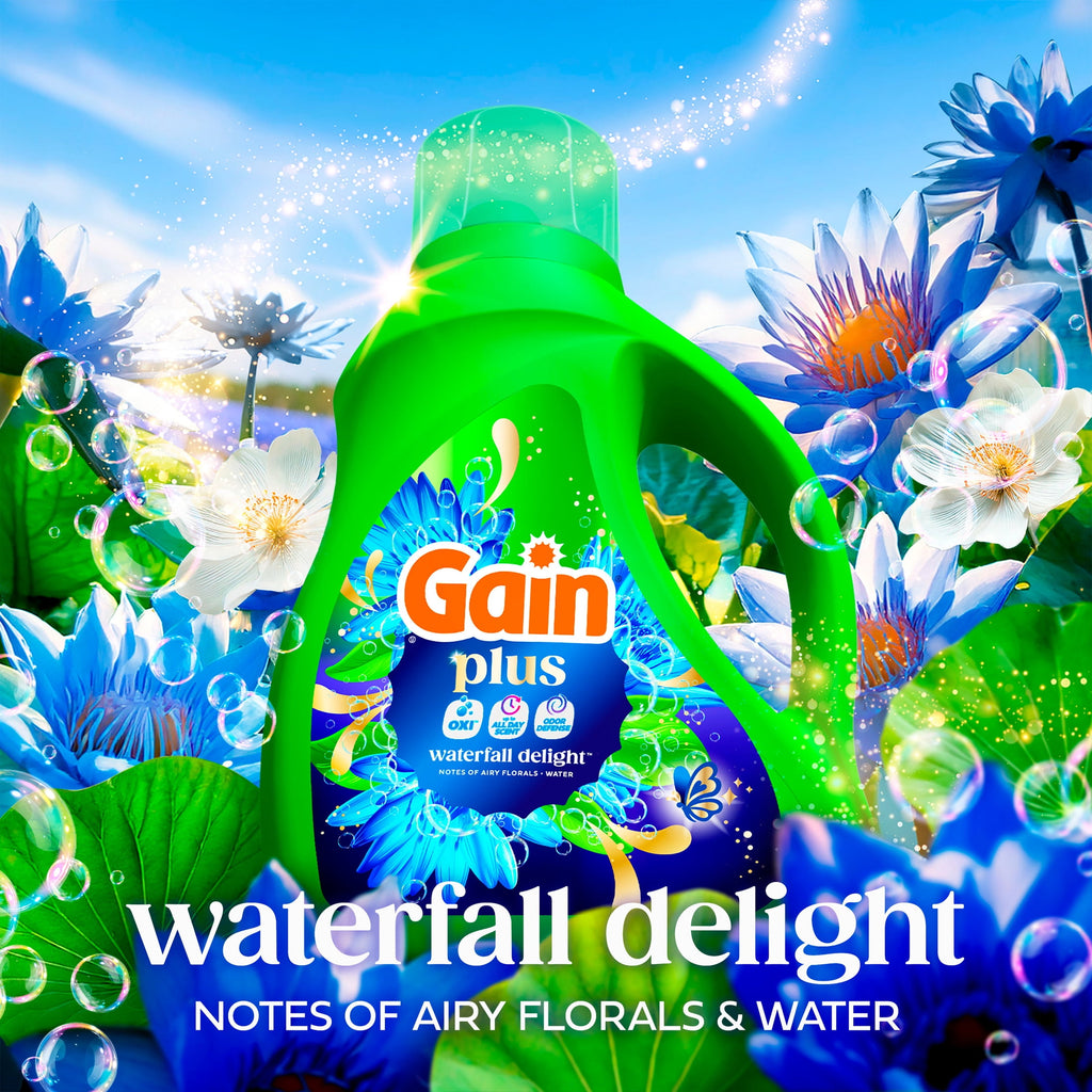 Gain Plus Laundry Detergent Liquid - Now with Odor Defense + OXI, Waterfall Delight Scent, 60 fl oz, 45 Loads
