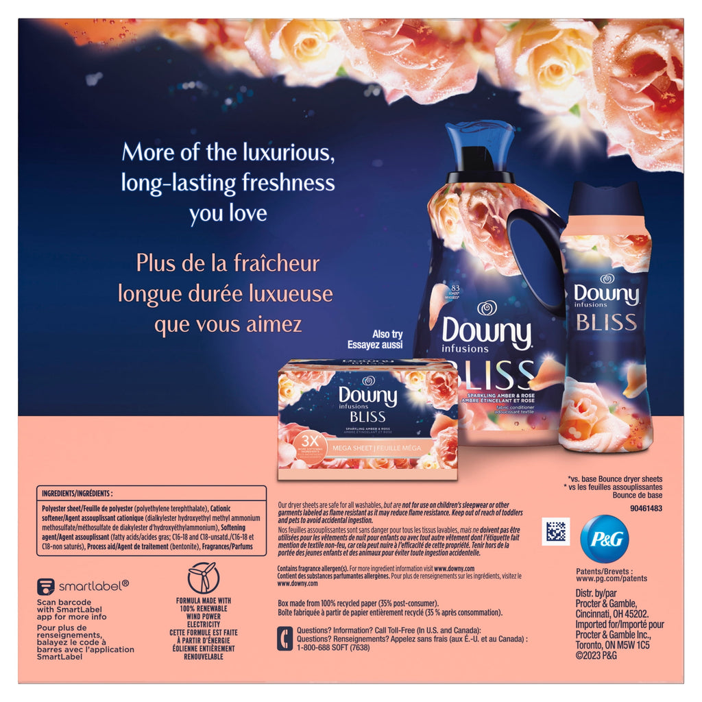 Downy Fabric Softener Dryer Sheets - Infusions Bliss Amber and Rose Scent, 130 Mega Dryer Sheets