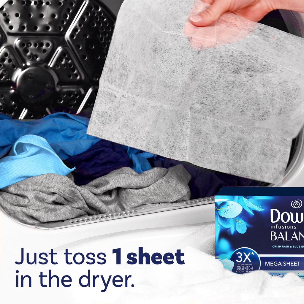 Downy Fabric Softener Dryer Sheets - Infusions Balance Crisp Rain and Blue Eucalyptus Scent, 80 Mega Dryer Sheets