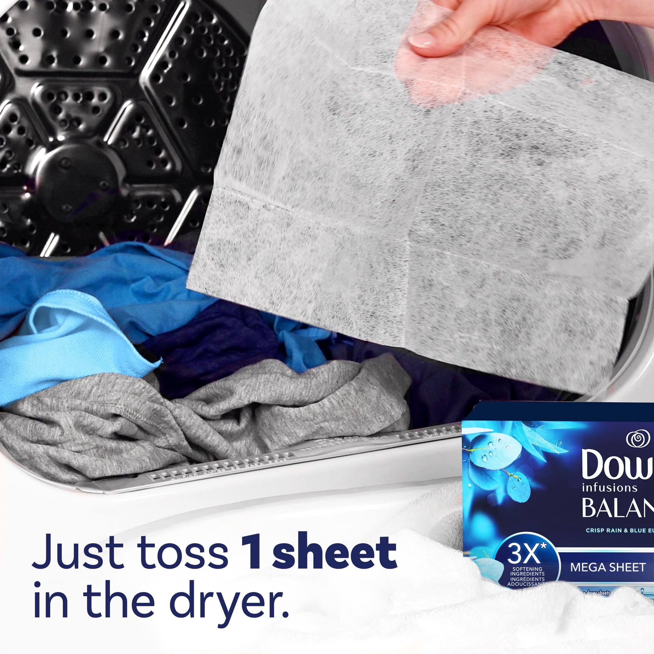 Downy Fabric Softener Dryer Sheets - Infusions Balance Crisp Rain and Blue Eucalyptus Scent, 80 Mega Dryer Sheets