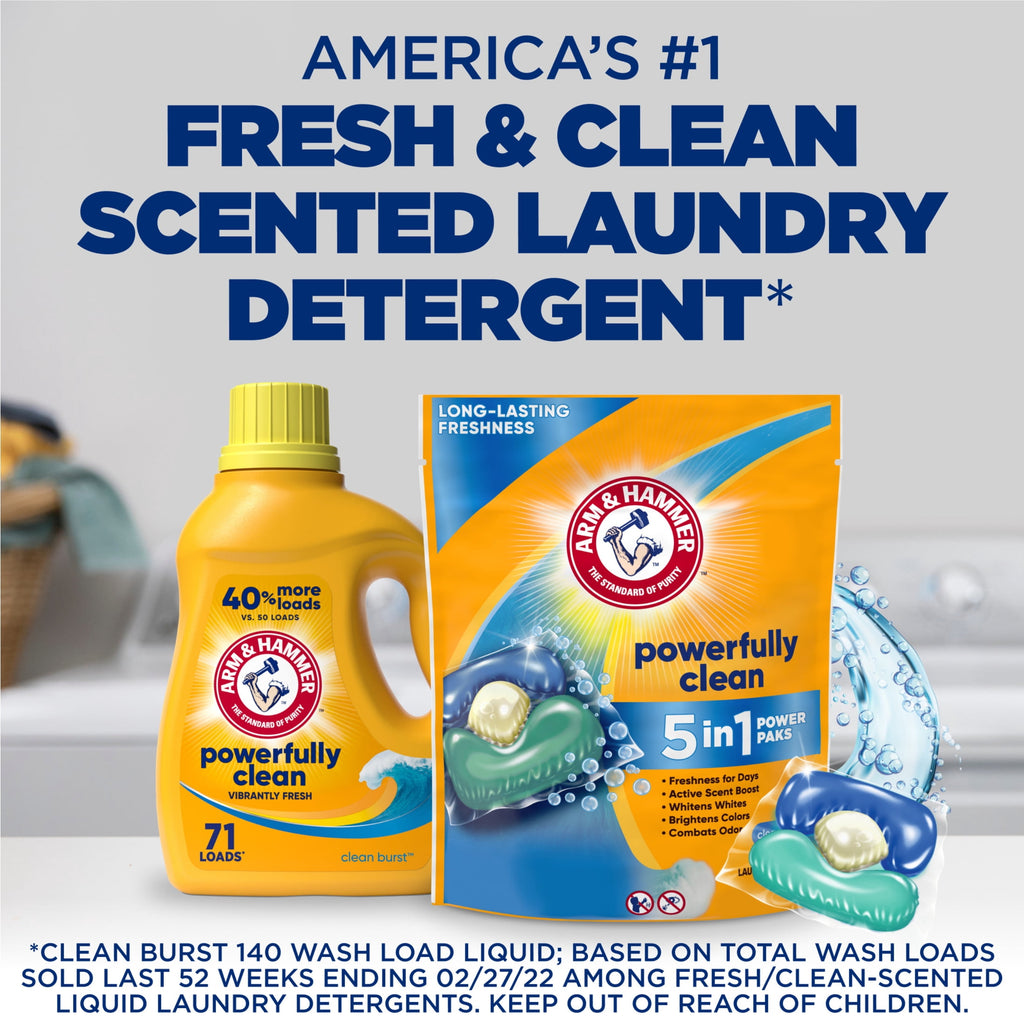 ARM & HAMMER Clean Burst 5-in-1 Laundry Detergent Power Paks - Powerfully Clean, Clean Burst Scent, 42 Count