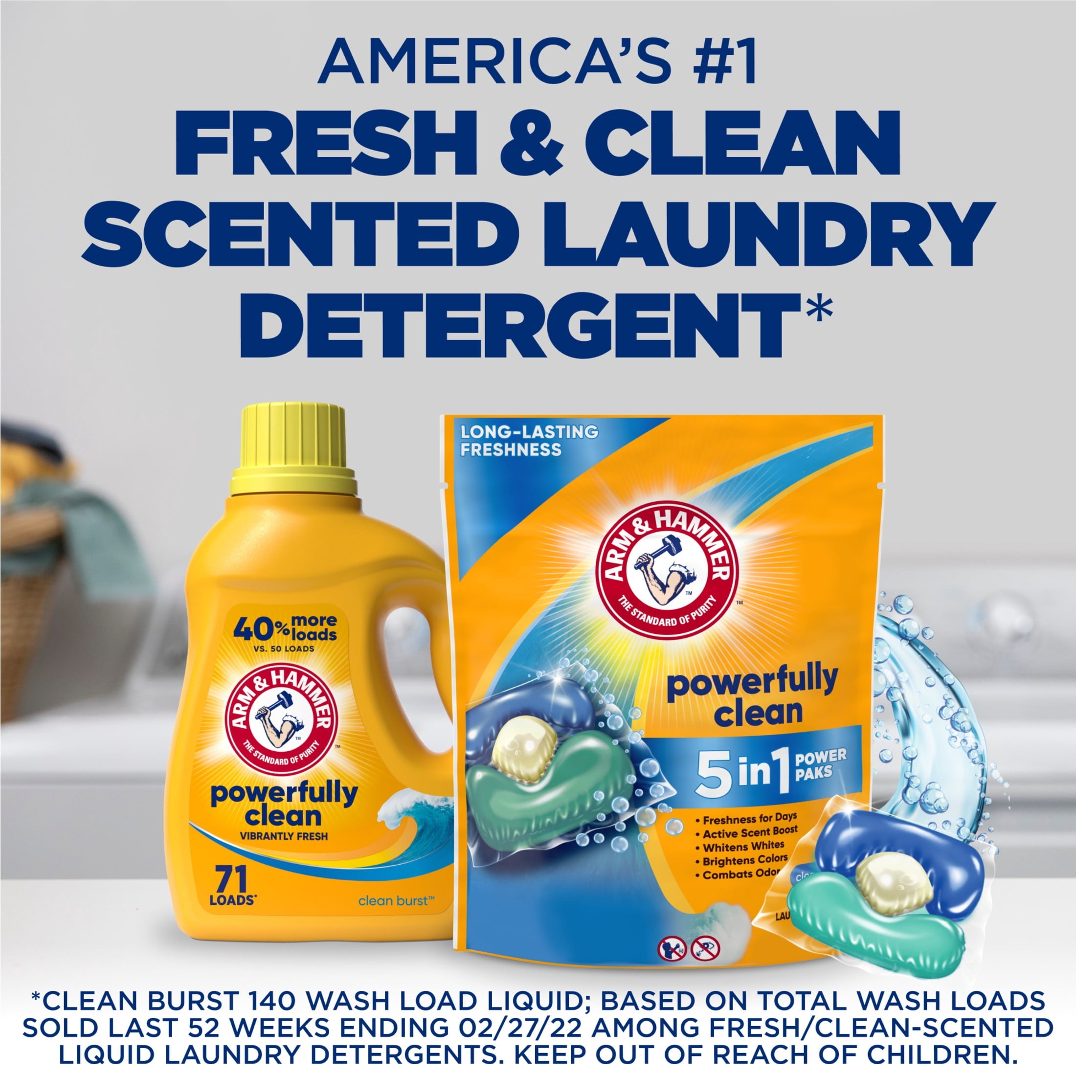 ARM & HAMMER Clean Burst 5-in-1 Laundry Detergent Power Paks - Powerfully Clean, Clean Burst Scent, 42 Count