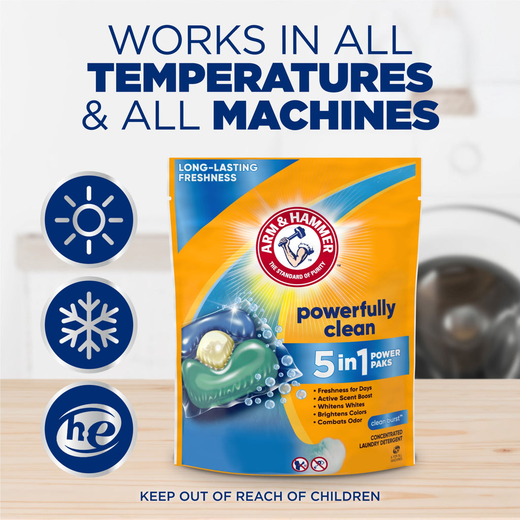 ARM & HAMMER Clean Burst 5-in-1 Laundry Detergent Power Paks - Powerfully Clean, Clean Burst Scent, 42 Count
