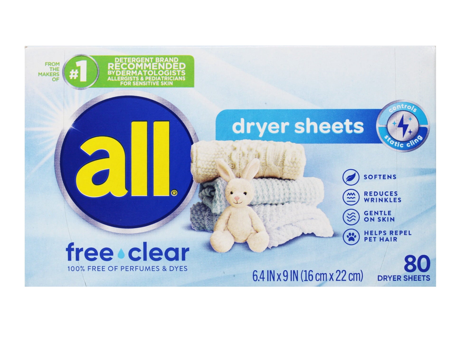 All Free Clear Static Control Dryer Sheets Value Pack - Free Clear, 80 Count, 6 Pack
