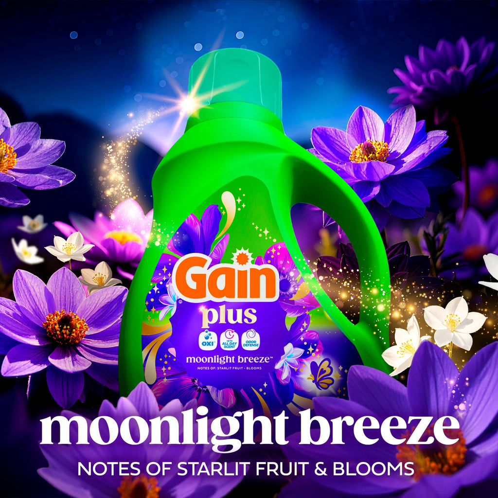 Gain Plus Liquid Laundry Detergent - Now with Odor Defense + OXI, Moonlight Breeze Scent, 99 fl oz, 75 Loads