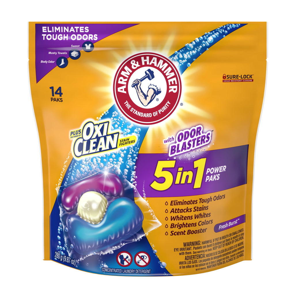 Arm and Hammer Plus OxiClean with Odor Blasters LAUNDRY DETERGENT 5-IN-1 Power Paks - 14 Count
