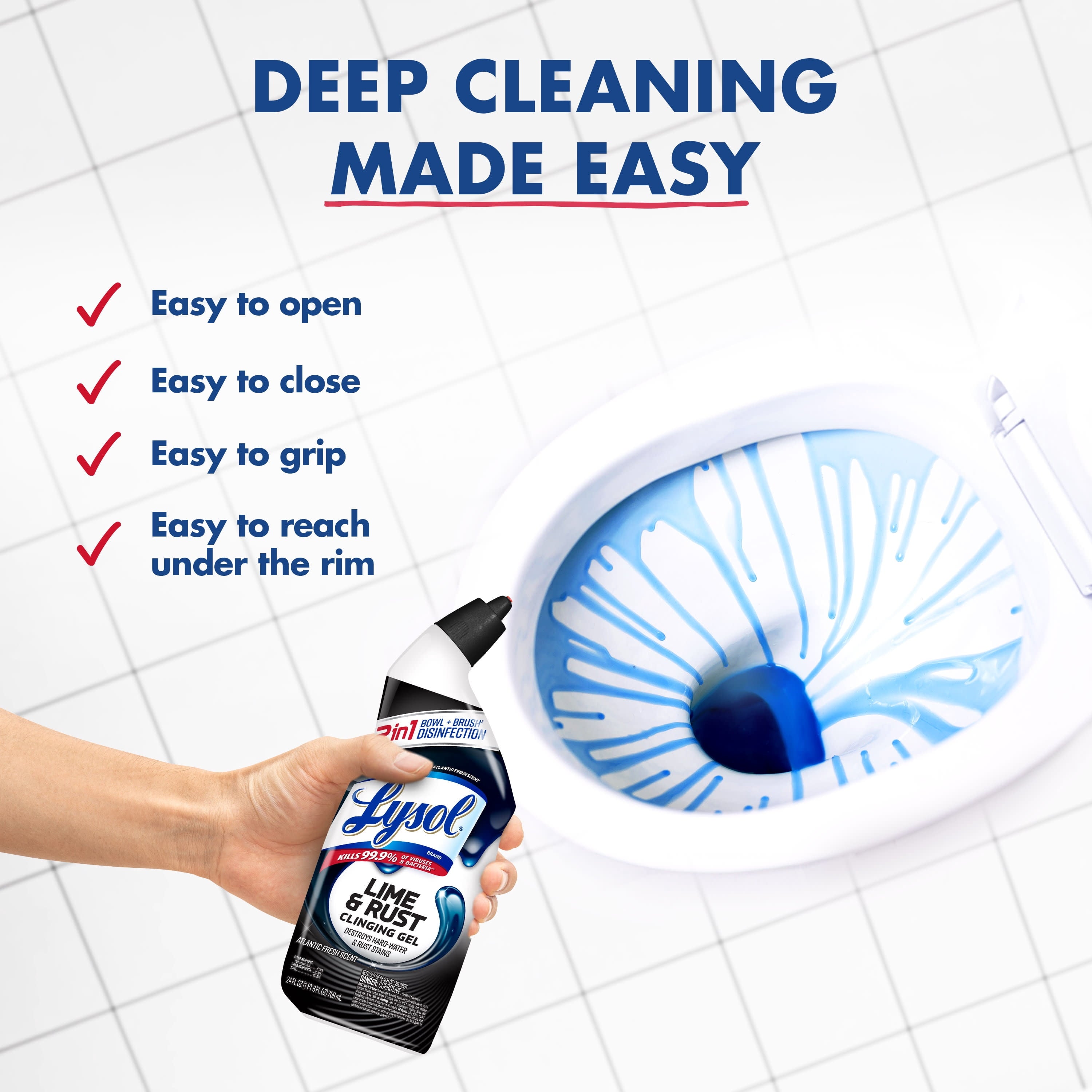 Lysol Toilet Bowl Cleaner Clinging Gel - Lime & Rust Remover, Disinfecting Bathroom Cleaner and Toilet Bowl Stain Remover, 24 fl oz