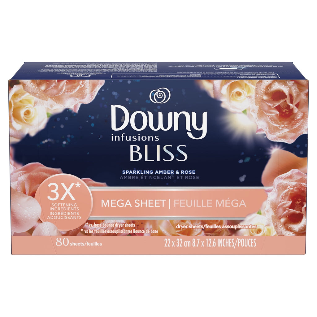 Downy Fabric Softener Dryer Sheets - Infusions Bliss Amber and Rose Scent, 80 Mega Dryer Sheets