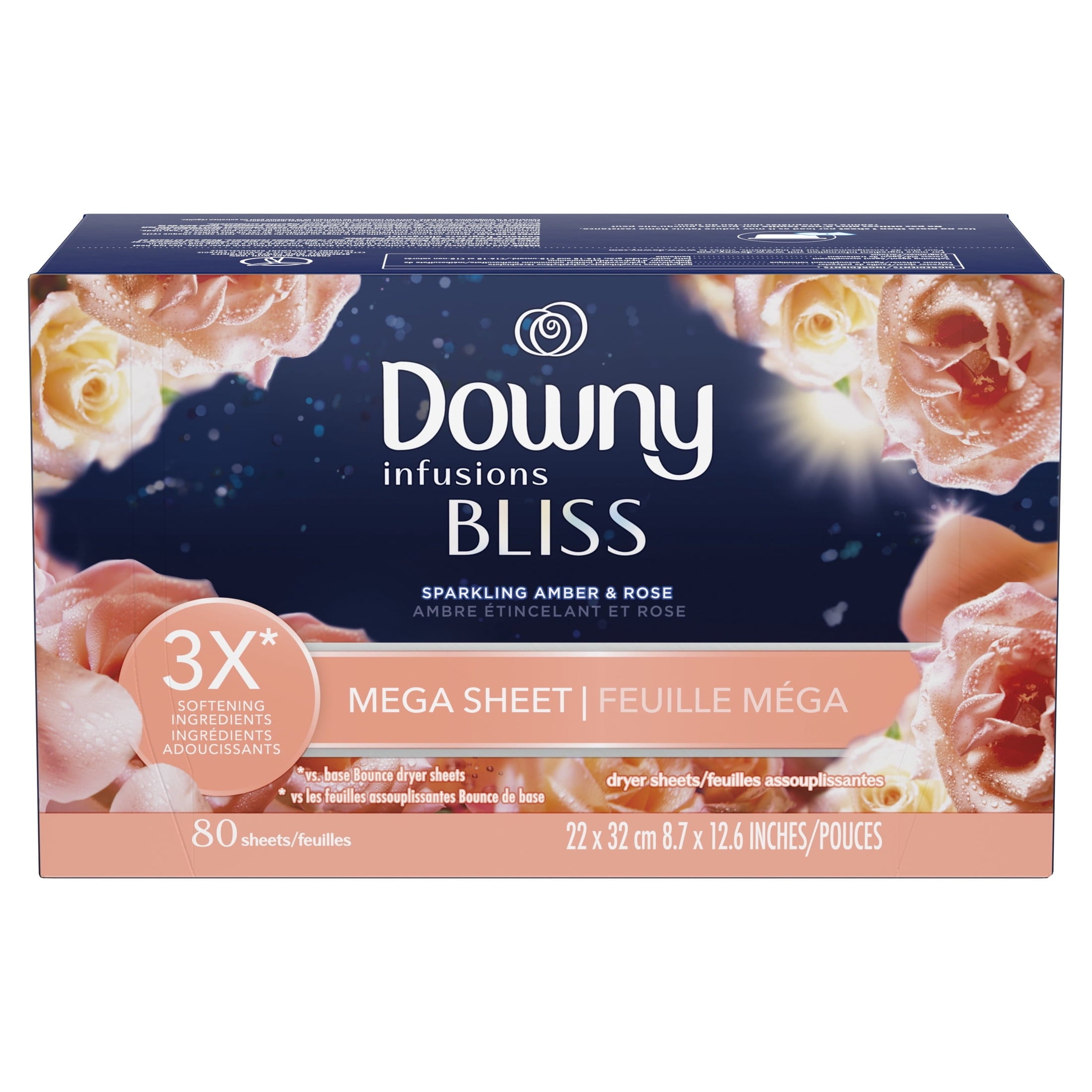 Downy Fabric Softener Dryer Sheets - Infusions Bliss Amber and Rose Scent, 80 Mega Dryer Sheets