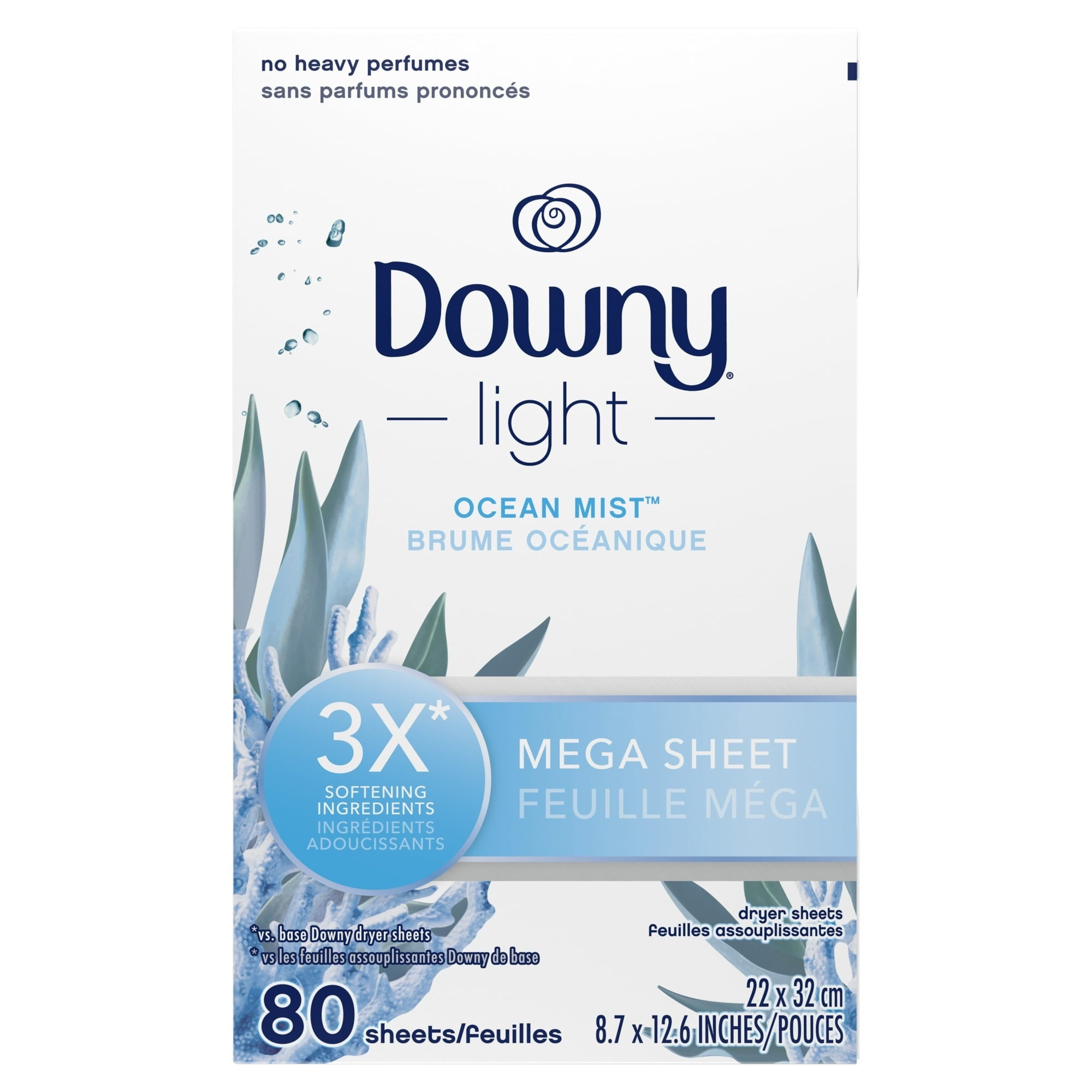 Downy Light Mega Dryer Sheets - Ocean Mist, 80 Count (4 Pack)