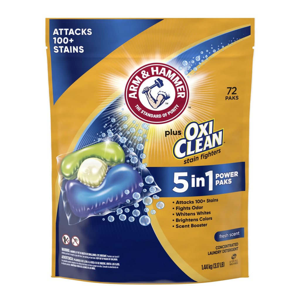 ARM & HAMMER Plus OxiClean Stain Fighters: 5-in-1 Laundry Detergent Power Paks - Fresh Scent, 72 Count