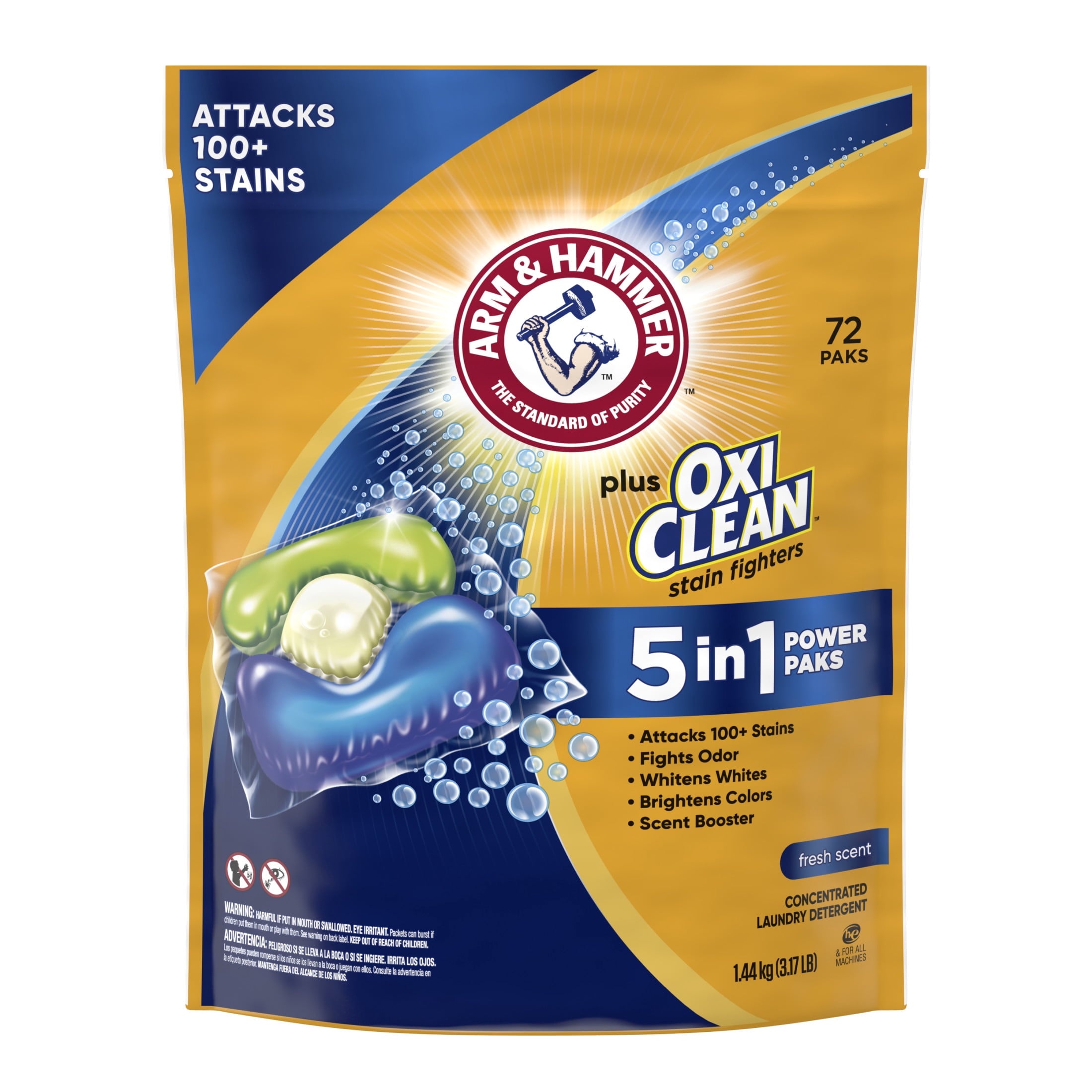 ARM & HAMMER Plus OxiClean Stain Fighters: 5-in-1 Laundry Detergent Power Paks - Fresh Scent, 72 Count