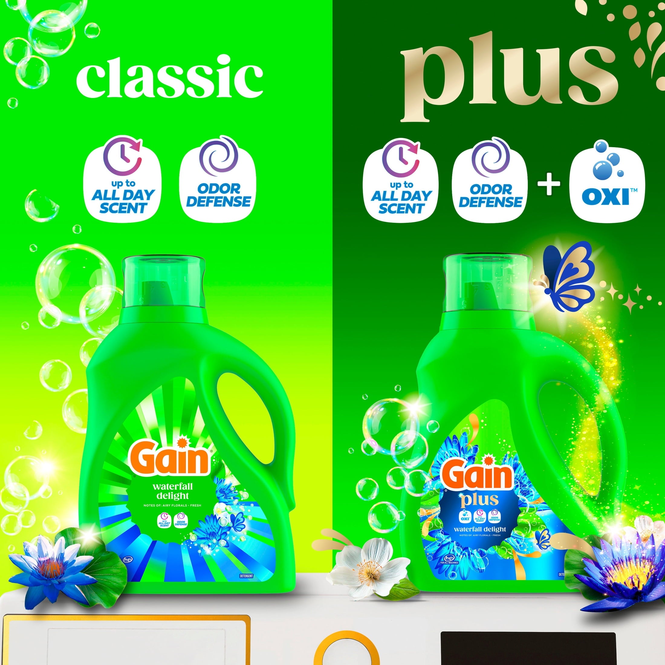 Gain Plus Laundry Detergent Liquid - Now with Odor Defense + OXI, Waterfall Delight Scent, 60 fl oz, 45 Loads