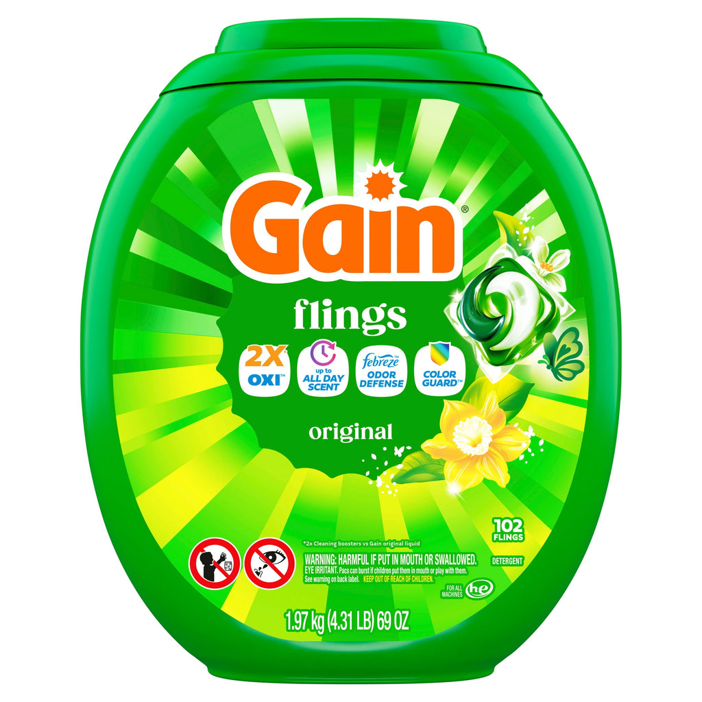 Gain Flings Laundry Detergent Soap Pacs - 4-in-1 Oxi Boost and Febreze, Original Scent, 102 Count