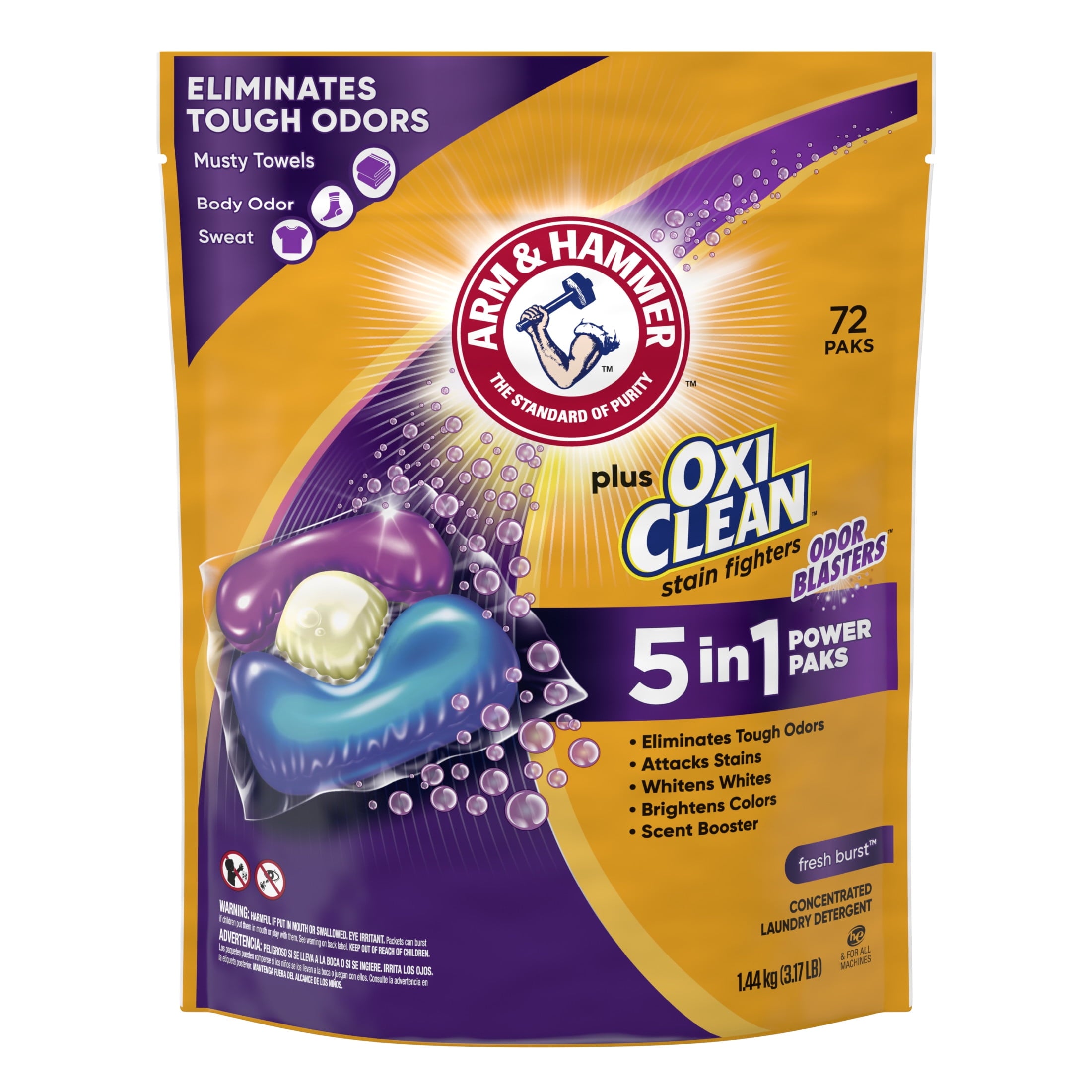 ARM & HAMMER Plus OxiClean With Odor Blasters Laundry Detergent - 5-IN-1 Power Paks, 72 Count
