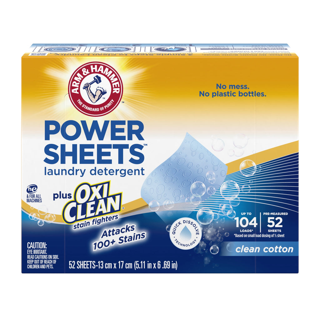 ARM & HAMMER Power Sheets Plus OxiClean Stain Fighters Laundry Detergent - Clean Cotton, 104 Count