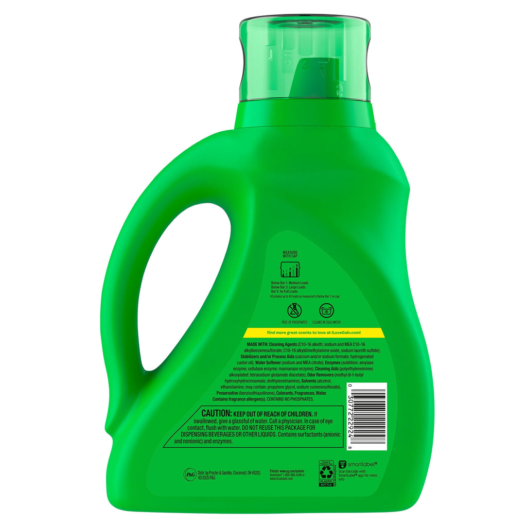 Gain Plus Laundry Detergent Liquid - Now with Odor Defense + OXI, Waterfall Delight Scent, 60 fl oz, 45 Loads