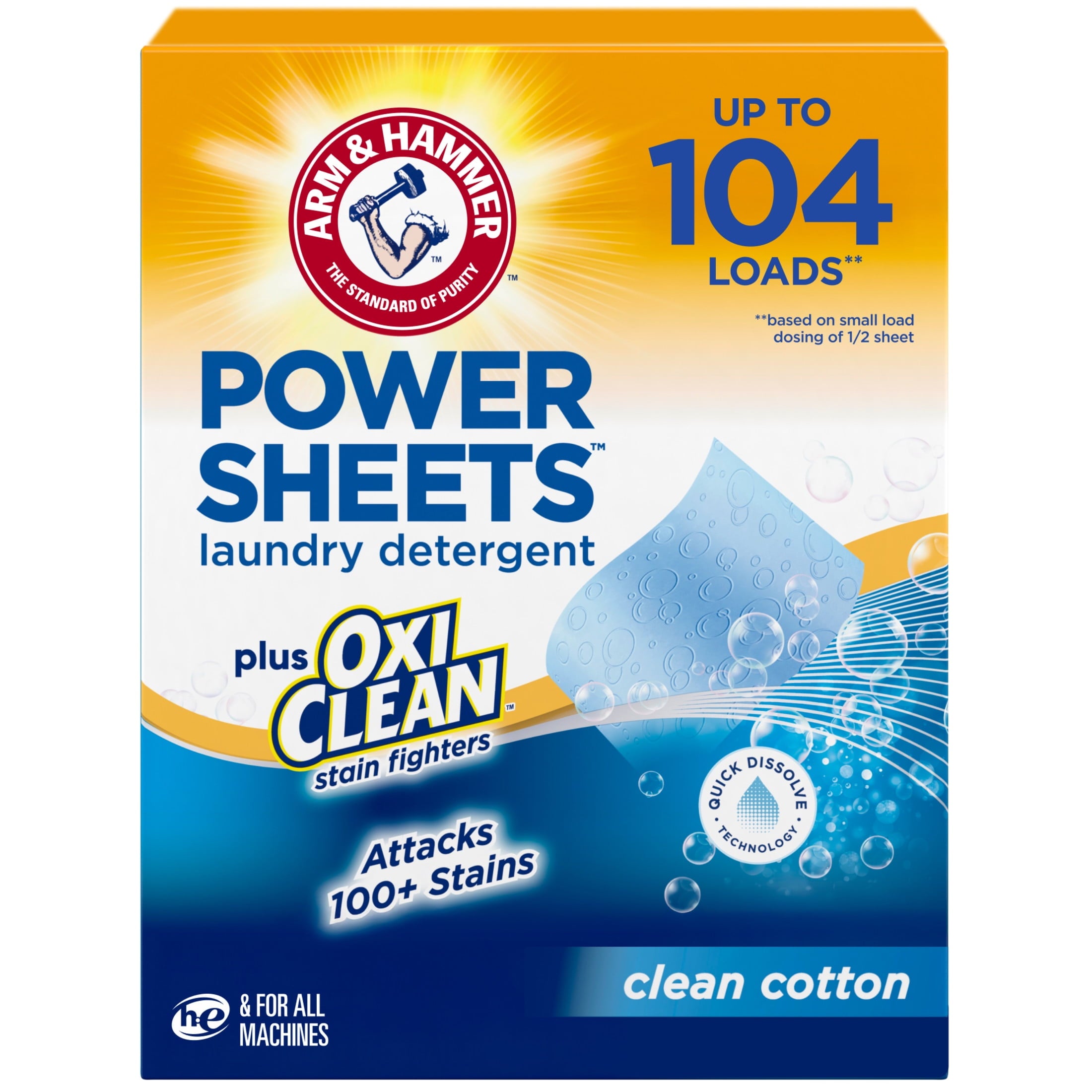 ARM & HAMMER Power Sheets Plus OxiClean Stain Fighters Laundry Detergent - Clean Cotton, 104 Count
