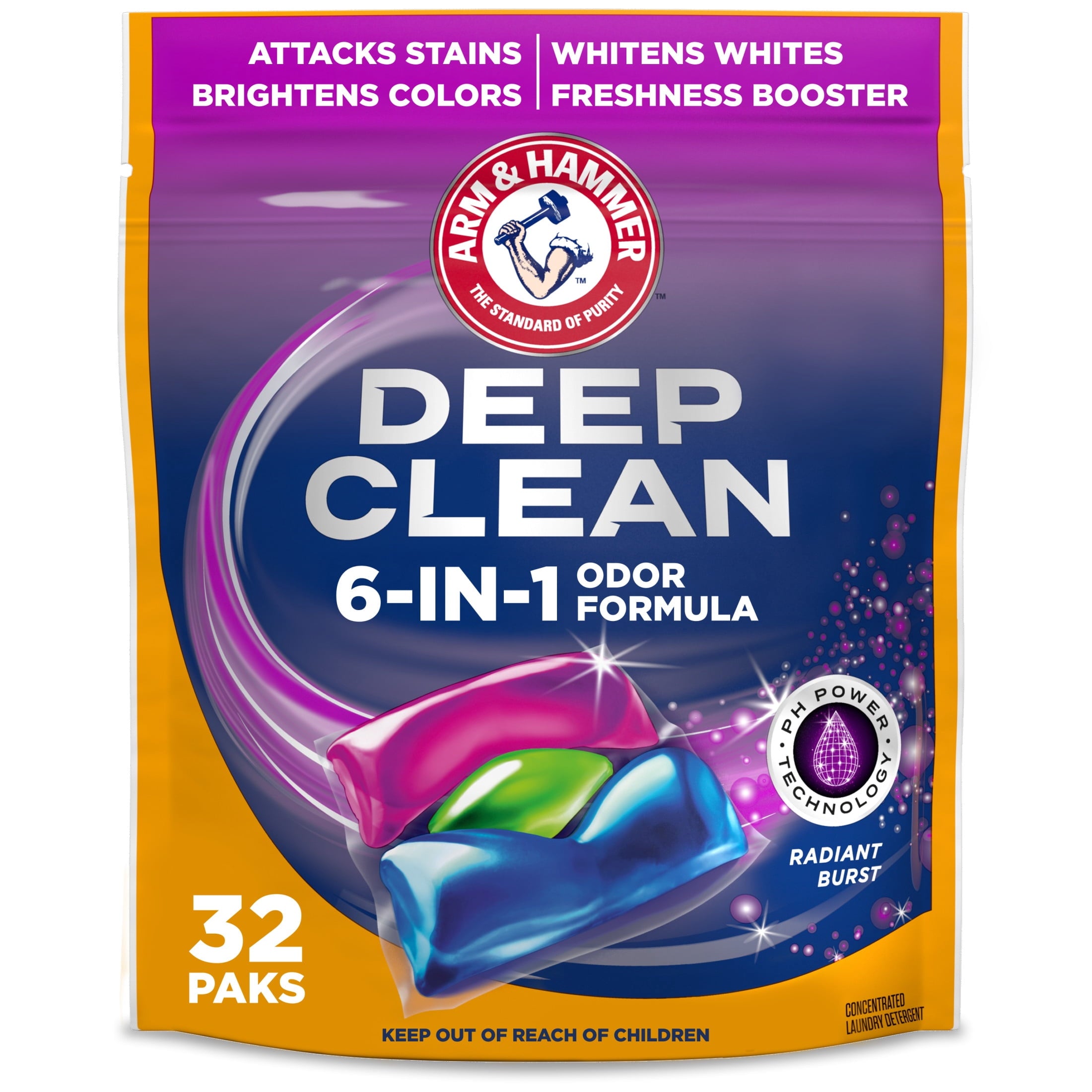 ARM & HAMMER Deep Clean Odor Formula Detergent Power Paks - Radiant Burst, 32 Count