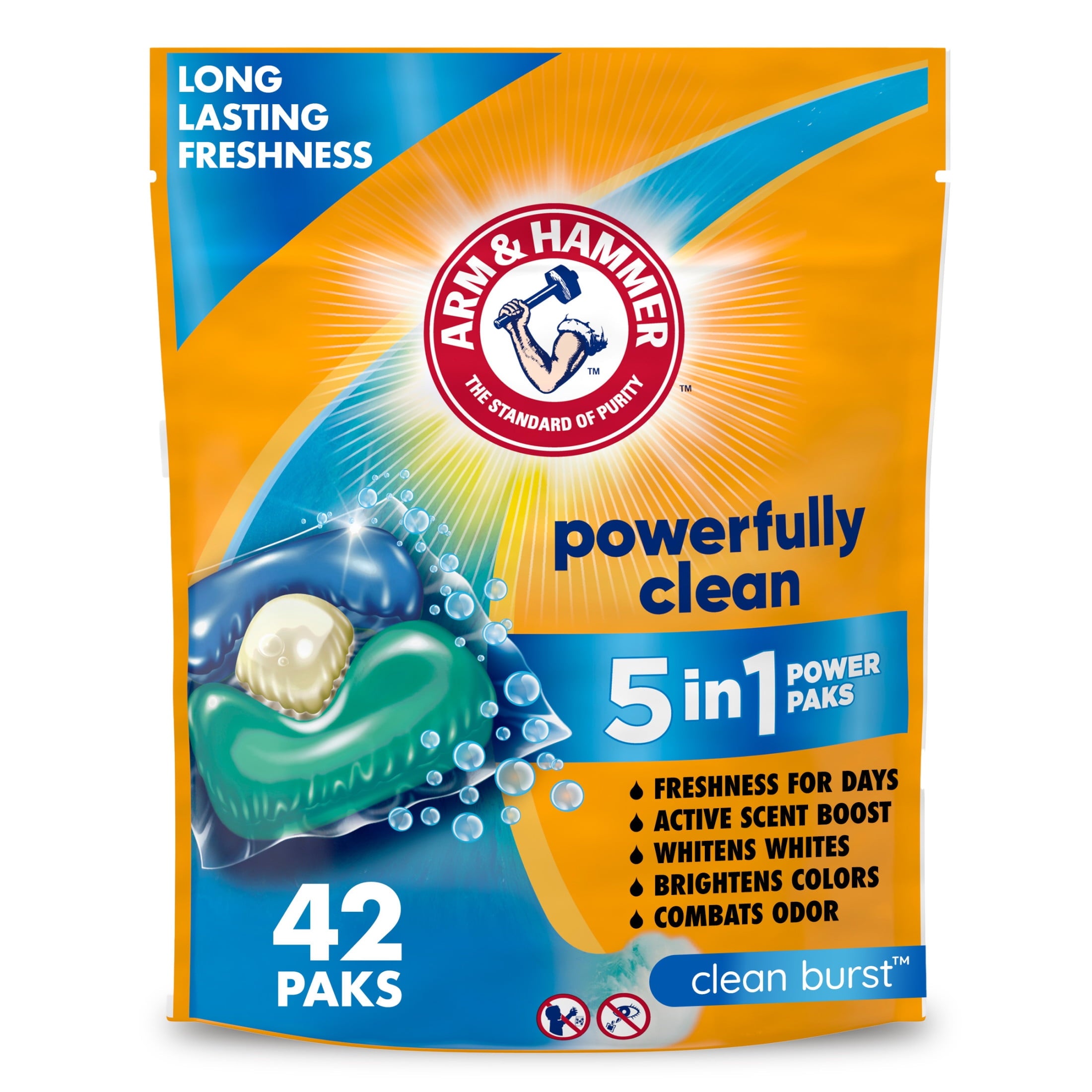 ARM & HAMMER Clean Burst 5-in-1 Laundry Detergent Power Paks - Powerfully Clean, Clean Burst Scent, 42 Count