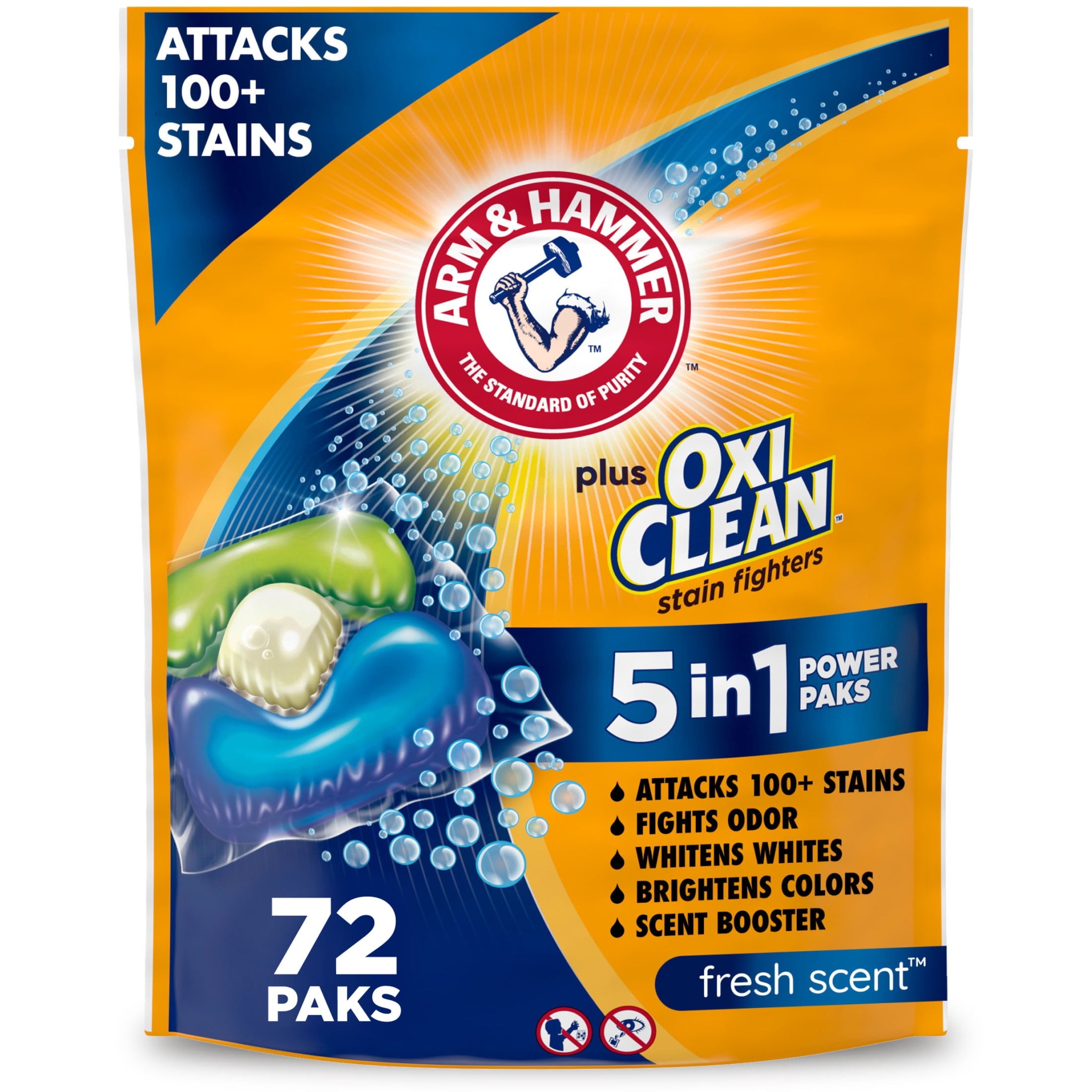 ARM & HAMMER Plus OxiClean Stain Fighters: 5-in-1 Laundry Detergent Power Paks - Fresh Scent, 72 Count