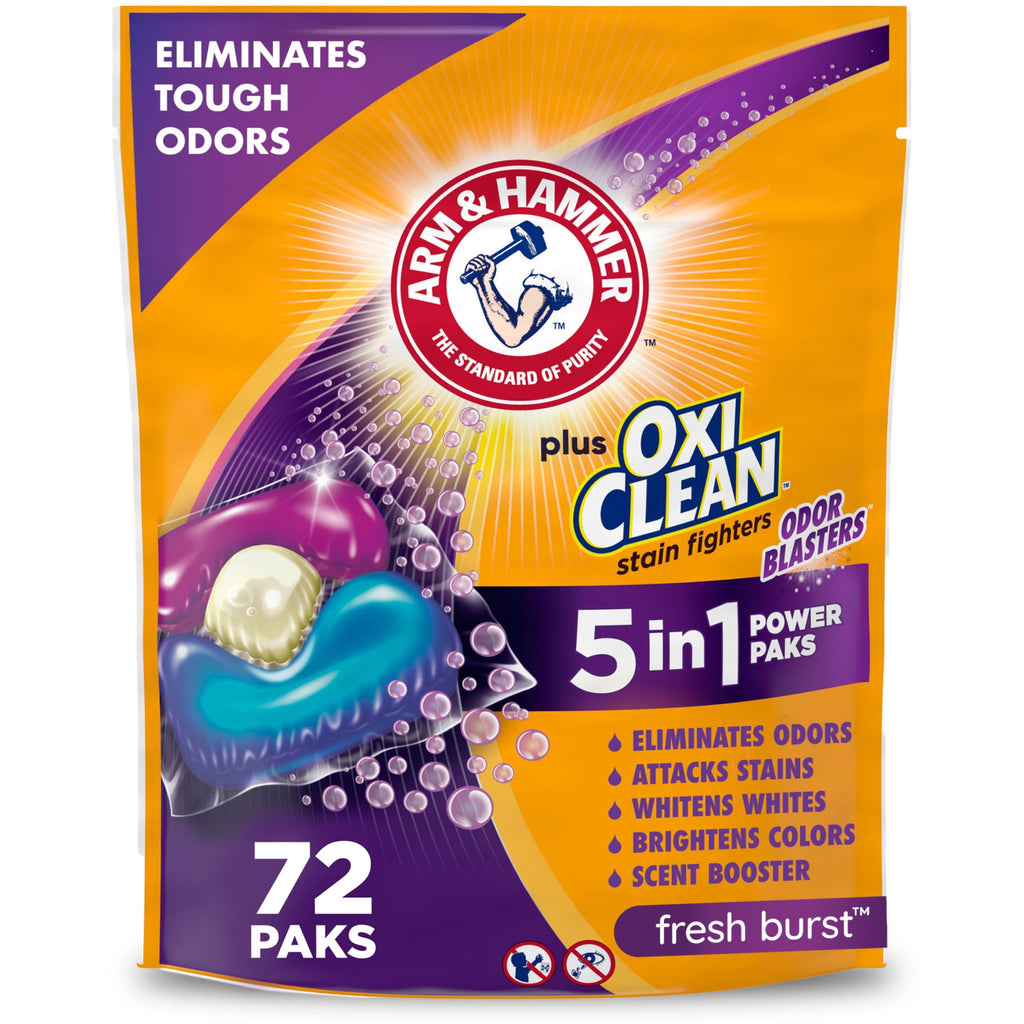 ARM & HAMMER Plus OxiClean With Odor Blasters Laundry Detergent - 5-IN-1 Power Paks, 72 Count