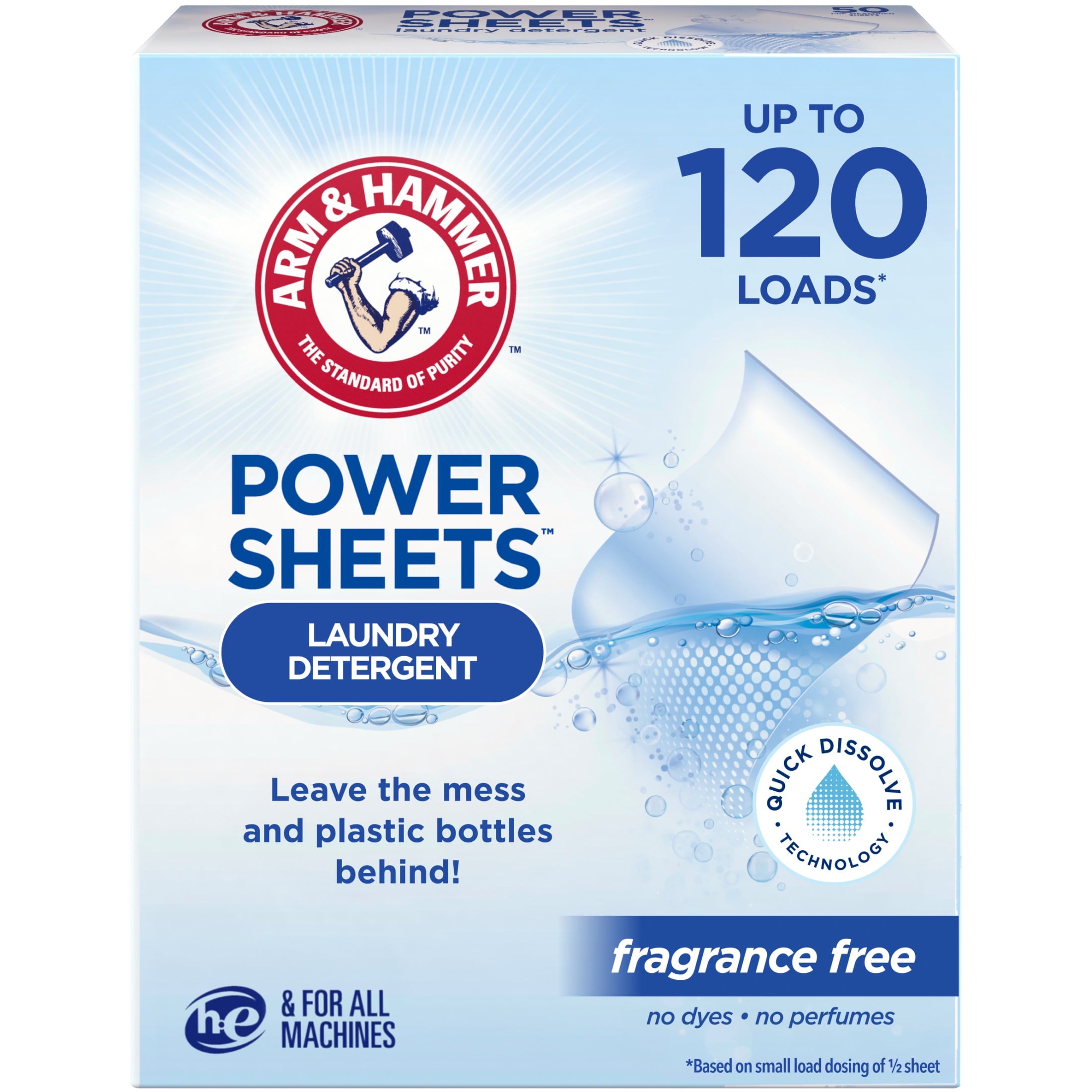 ARM & HAMMER Power Sheets Laundry Detergent - Fragrance Free, 60 Count, Up to 120 Small Loads