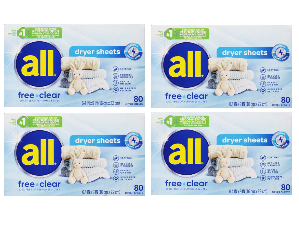 All Dryer Sheets for Sensitive Skin Free Clear - 80 Count (Pack of 4)