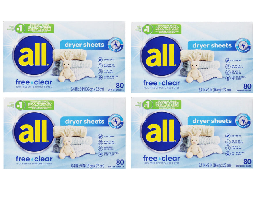 All Dryer Sheets for Sensitive Skin Free Clear - 80 Count (Pack of 4)