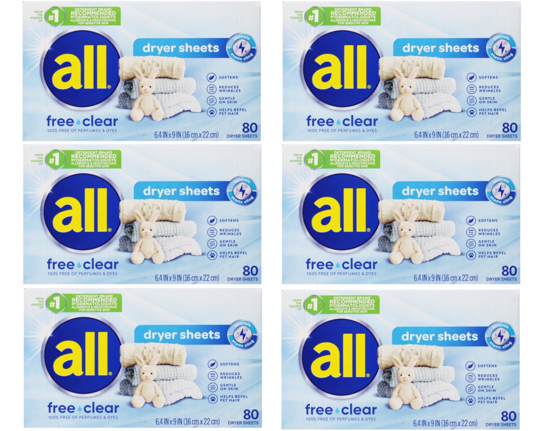 All Free Clear Static Control Dryer Sheets Value Pack - Free Clear, 80 Count, 6 Pack