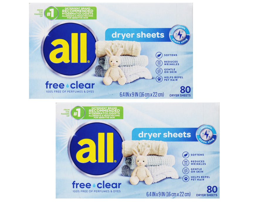 ALL Dryer Sheets - Free of Perfumes & Dyes, 80 Count - 2 Pack