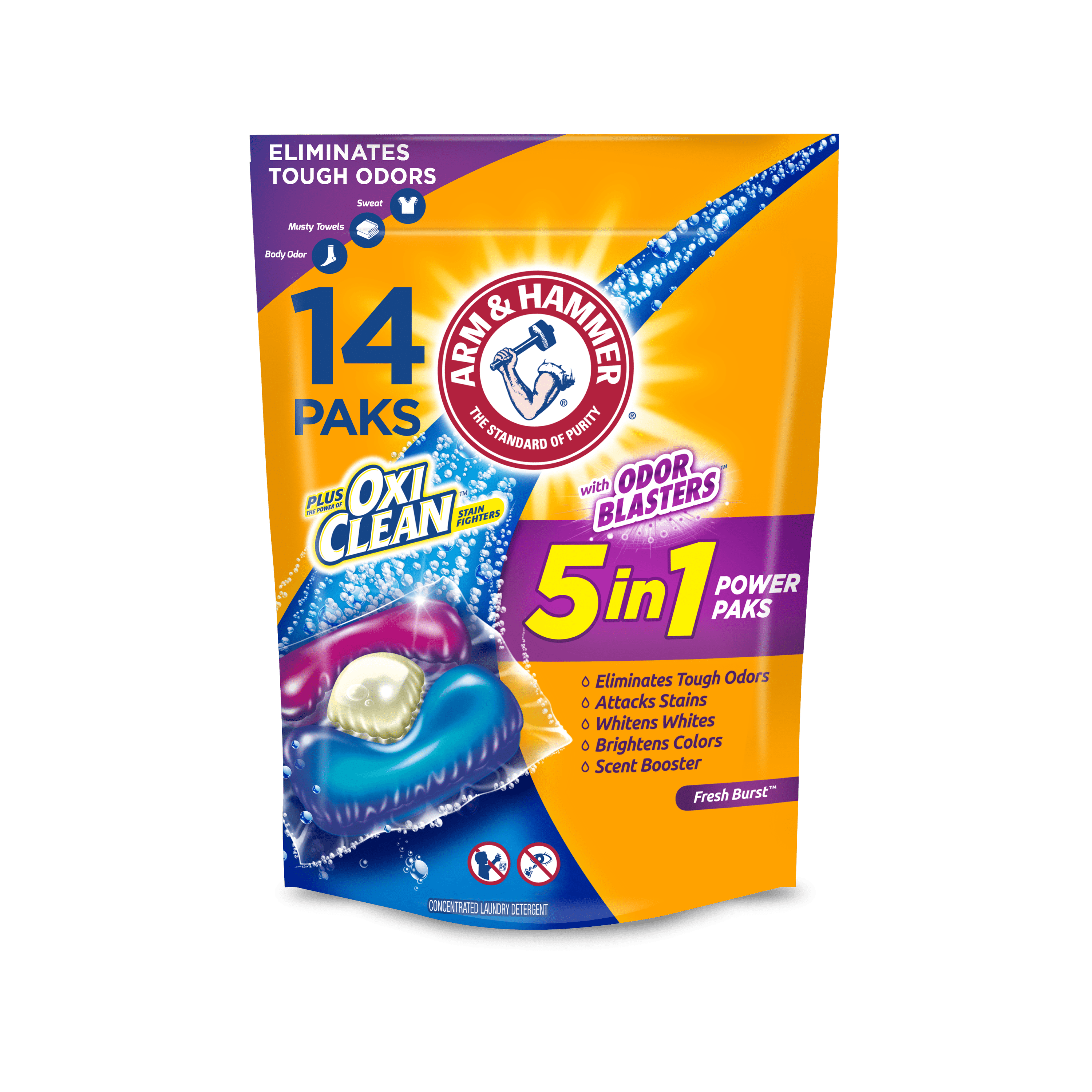 Arm and Hammer Plus OxiClean with Odor Blasters LAUNDRY DETERGENT 5-IN-1 Power Paks - 14 Count