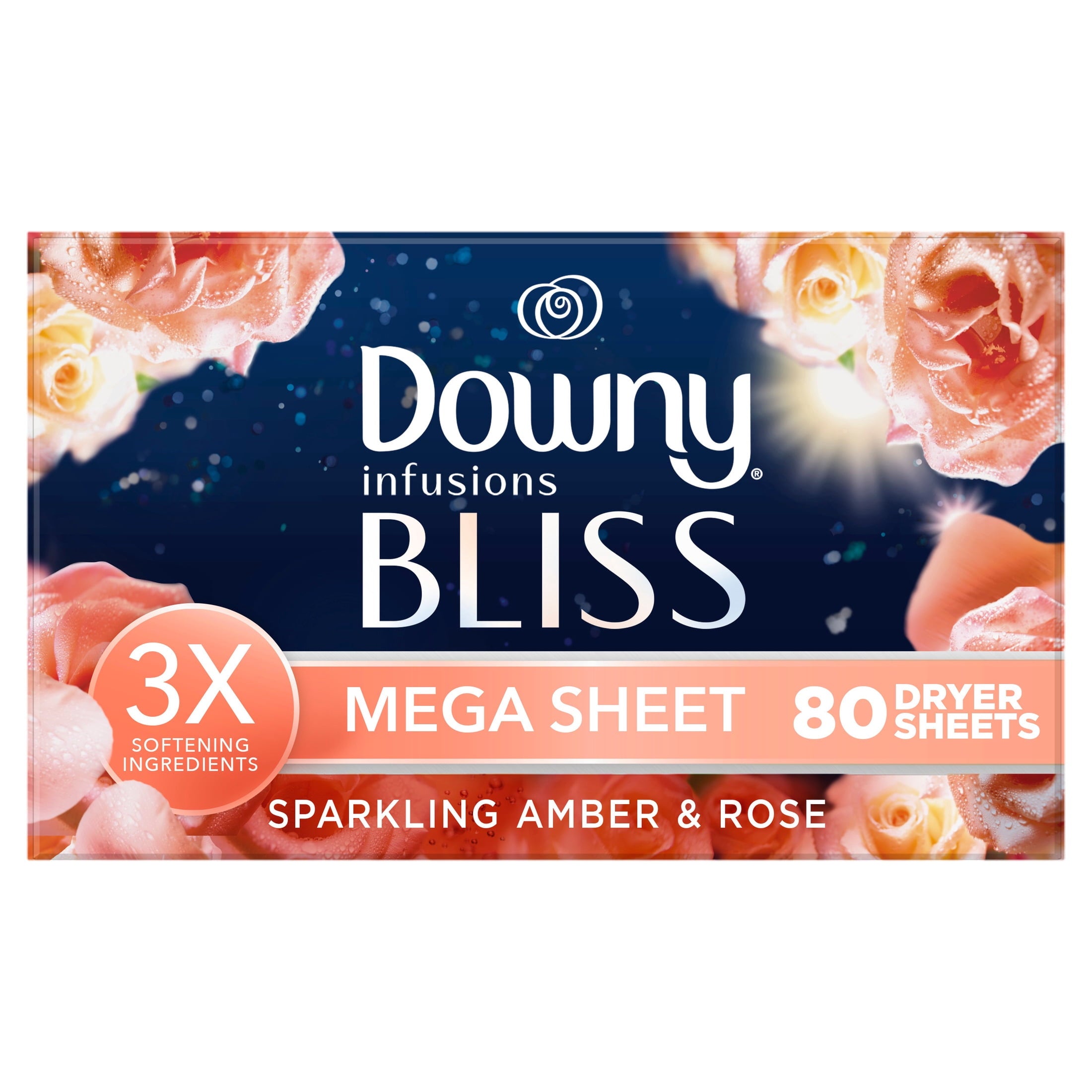 Downy Fabric Softener Dryer Sheets - Infusions Bliss Amber and Rose Scent, 80 Mega Dryer Sheets
