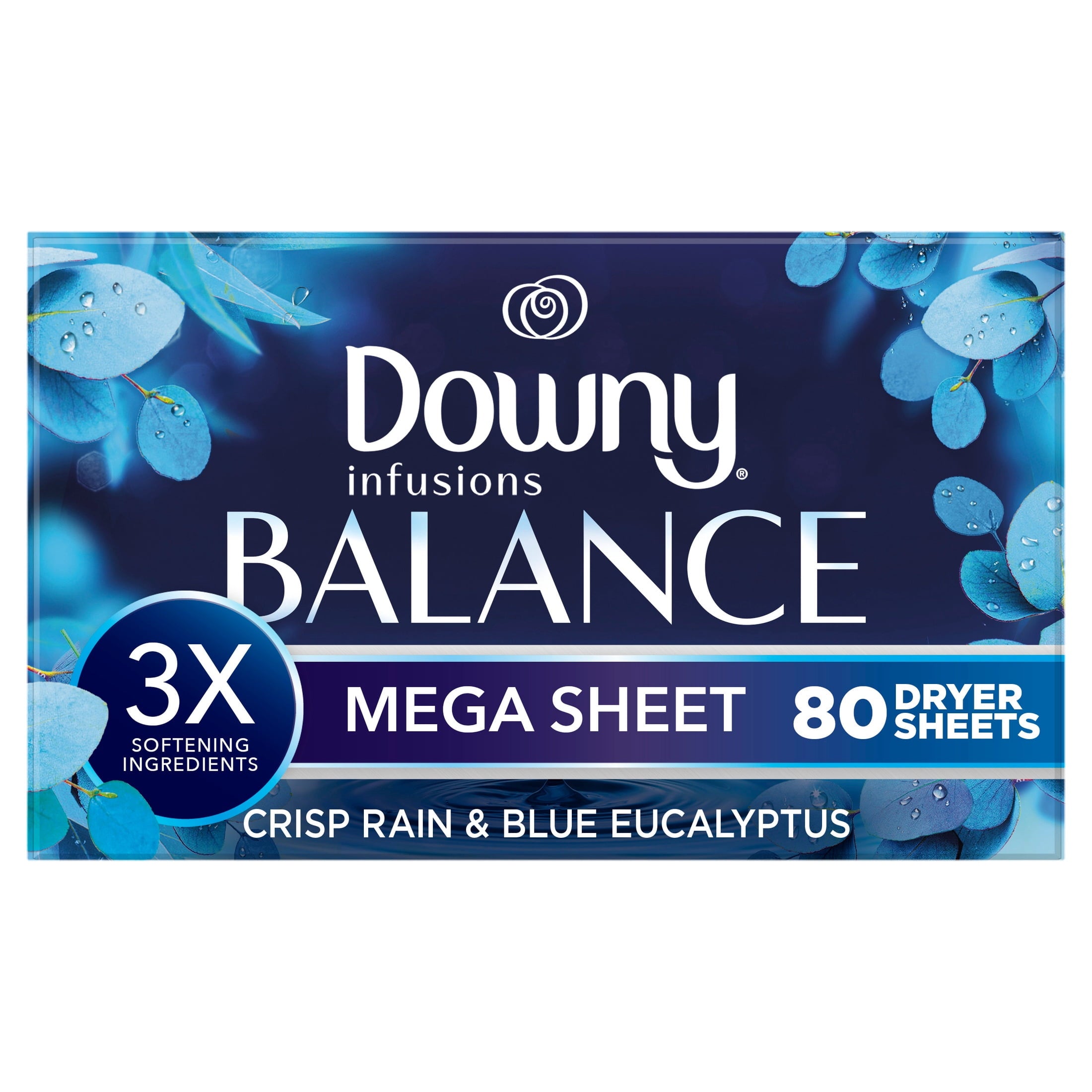 Downy Fabric Softener Dryer Sheets - Infusions Balance Crisp Rain and Blue Eucalyptus Scent, 80 Mega Dryer Sheets